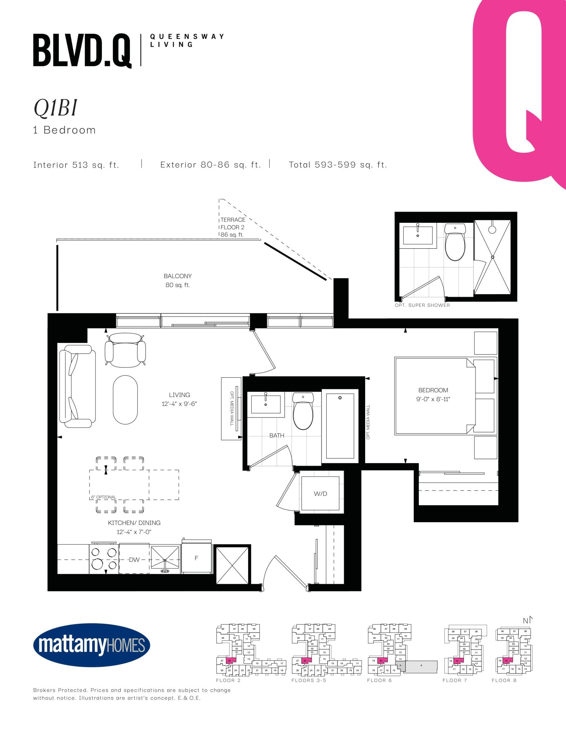 Q1BI Floor Plan at BLVD. Q - 513 sq.ft
