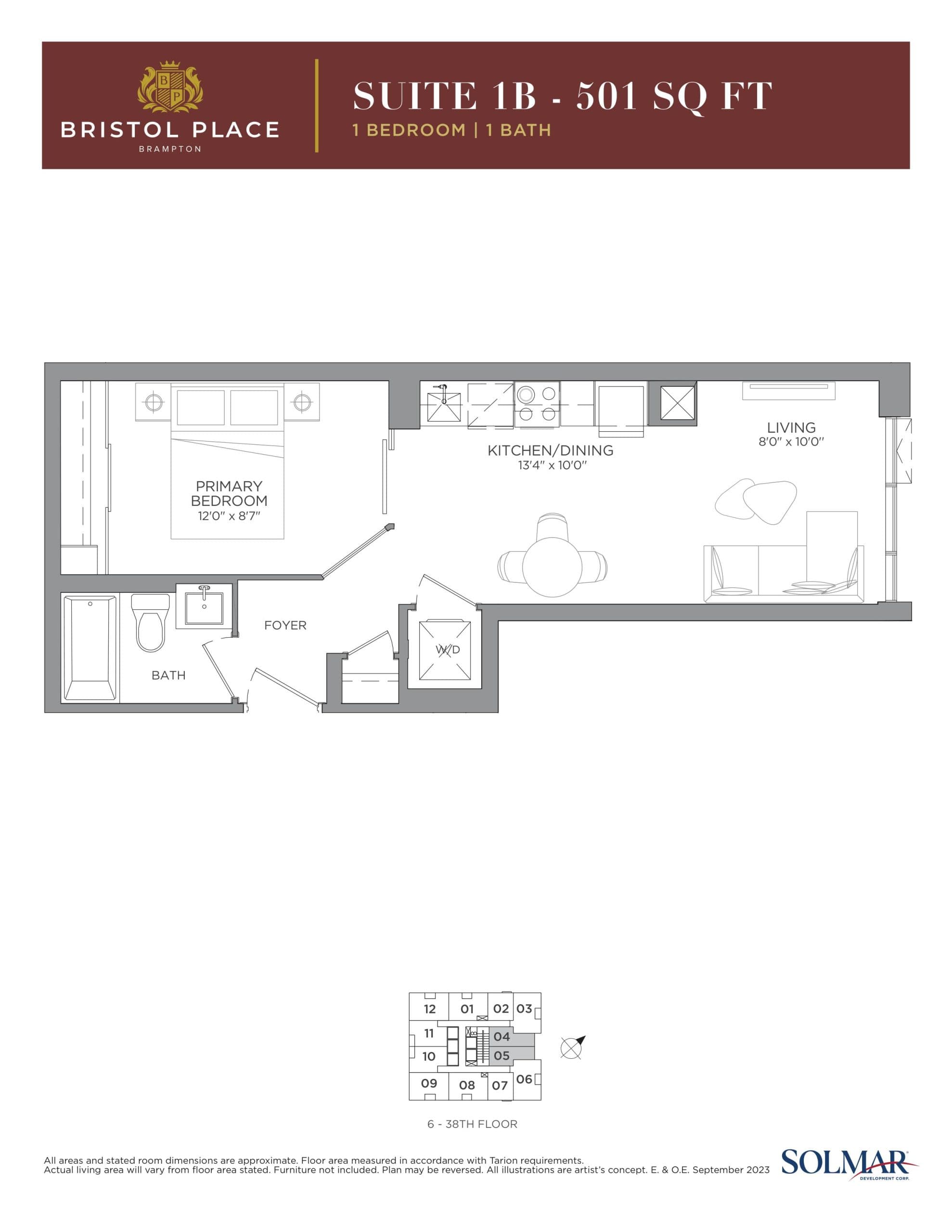 Suite 1B Floor Plan at Bristol Place Condos - 501 sq.ft