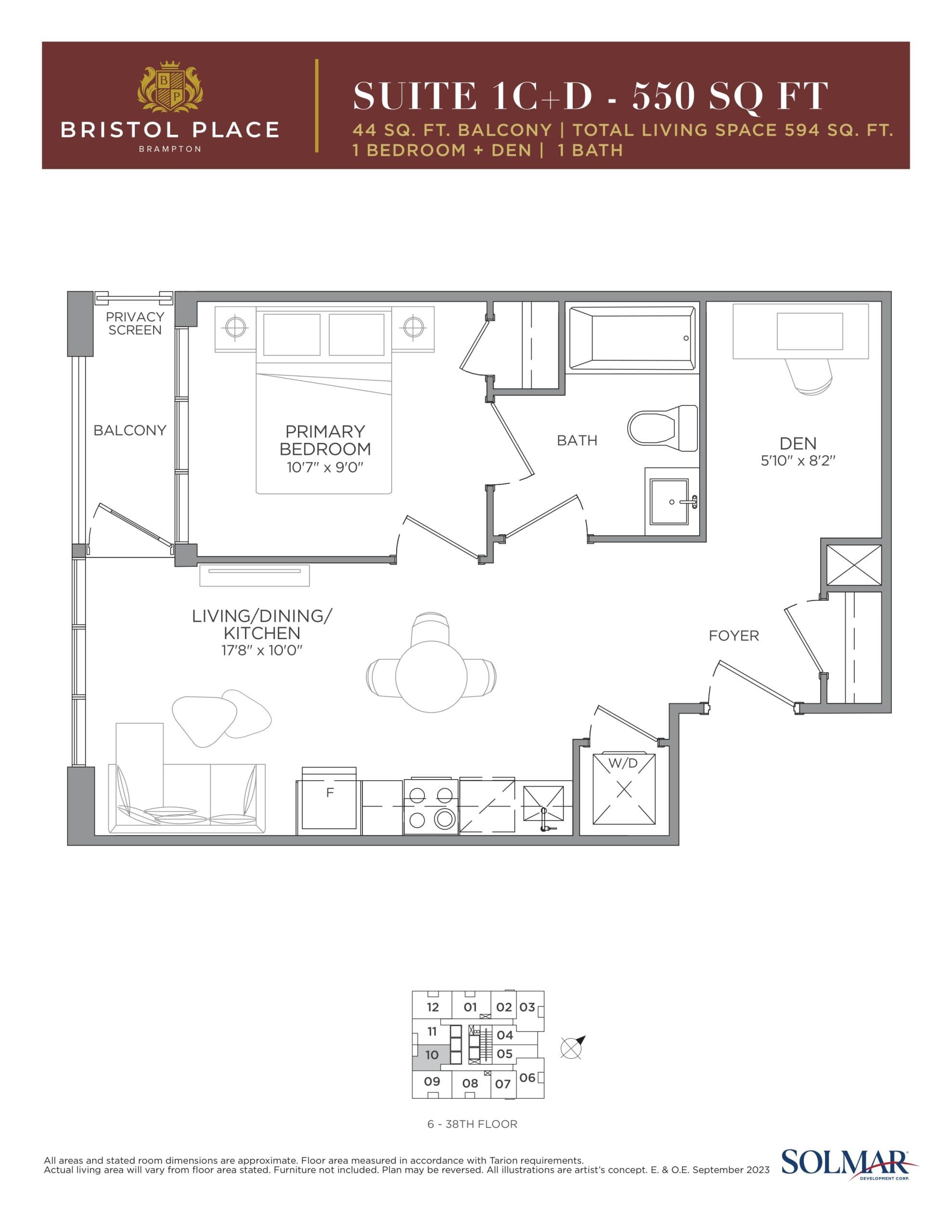 Suite 1C+D Floor Plan at Bristol Place Condos - 550 sq.ft