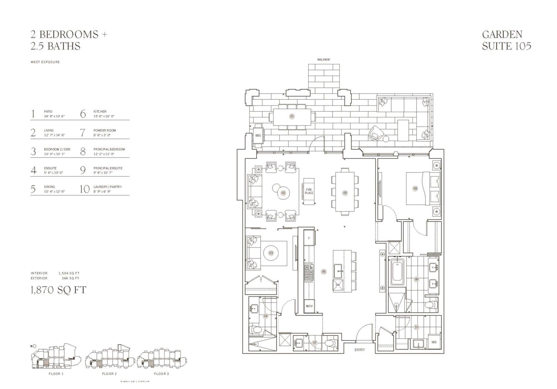 Garden Suite 105 Floor Plan at 2 Post Road Condos - 1504 sq.ft