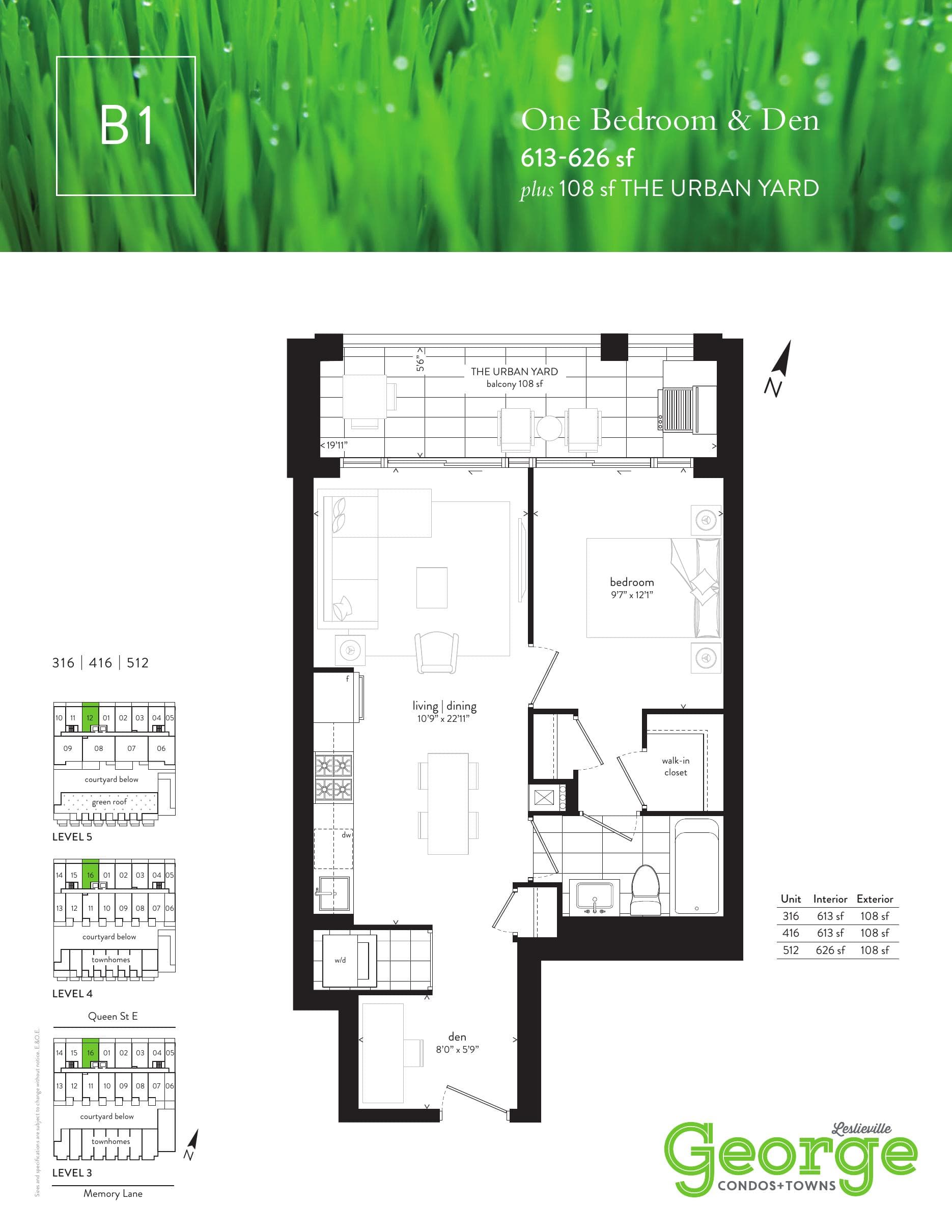 B1 Floor Plan at George Condos & Towns - 613-626 sq.ft