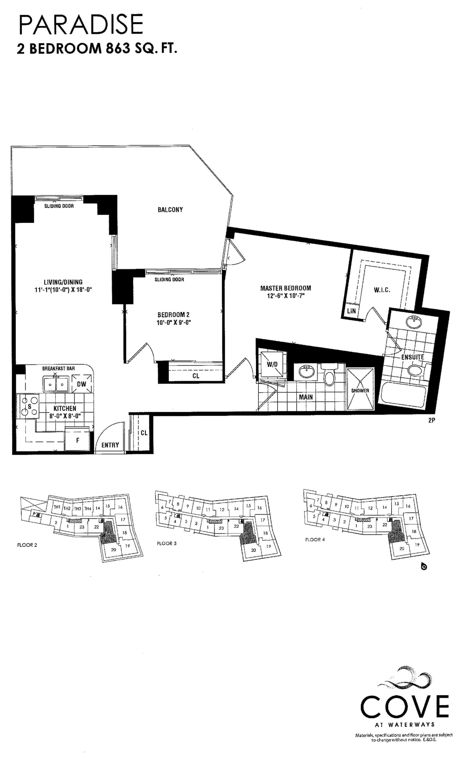 Paradise Floor Plan at Cove at Waterways Condos - 863 sq.ft