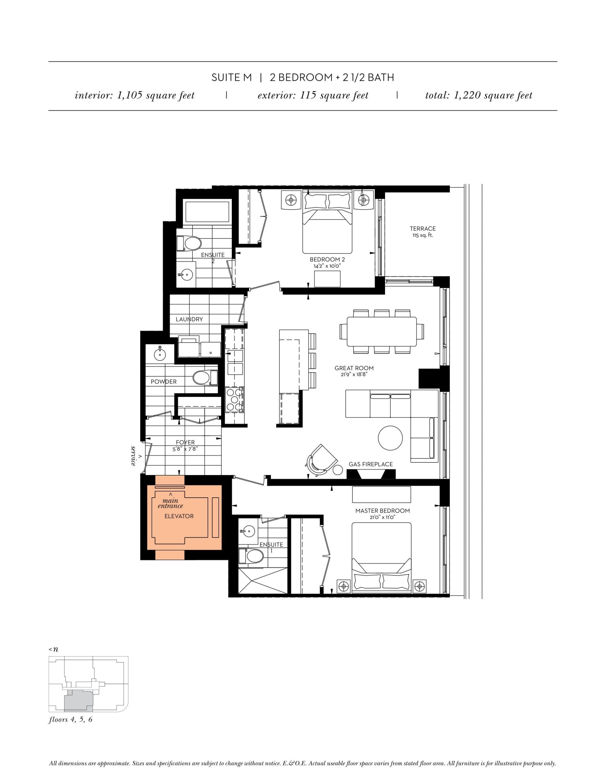 Suite M (Terrace) Floor Plan at The Davies - 1105 sq.ft