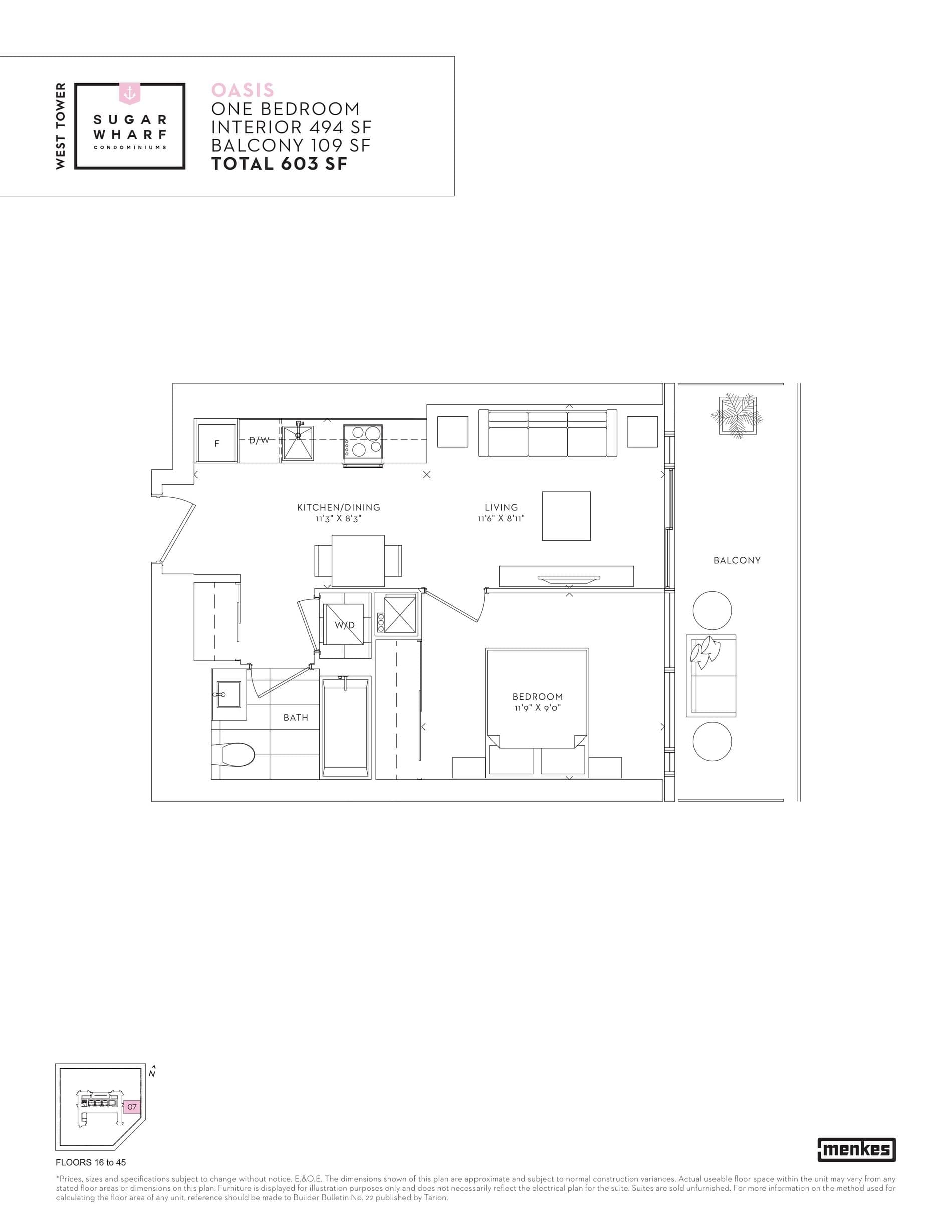 Oasis Floor Plan at Sugar Wharf Condos West Tower - 494 sq.ft