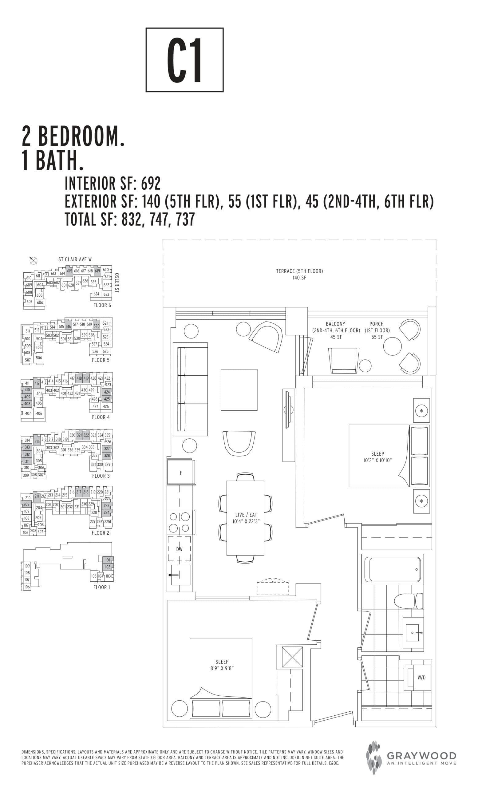 C1 Floor Plan at Scout Condos - 692 sq.ft