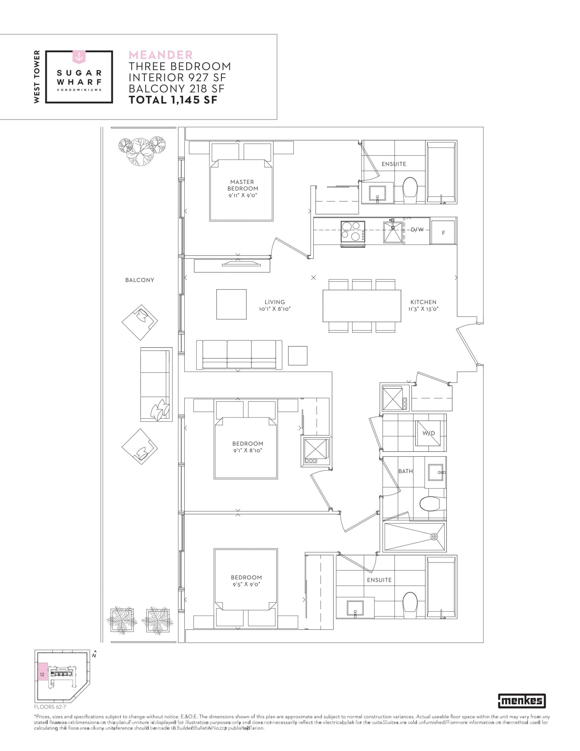 Meander Floor Plan at Sugar Wharf Condos West Tower - 927 sq.ft
