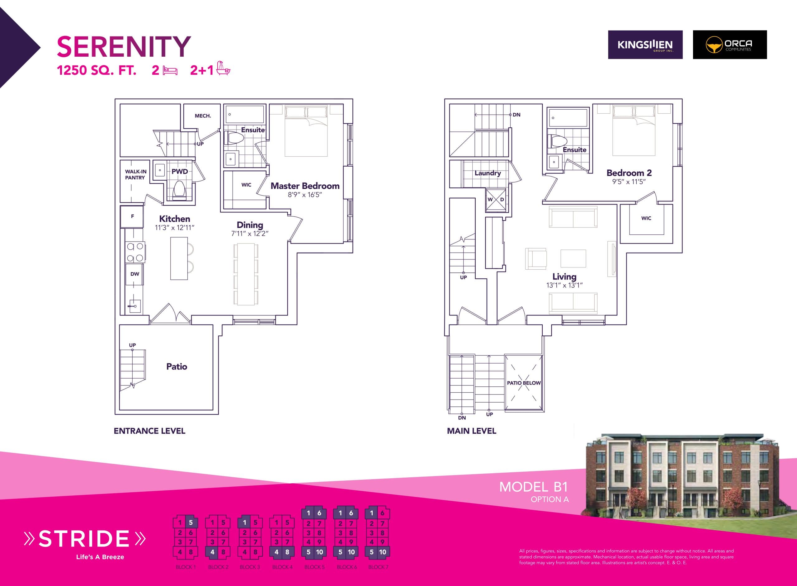 Serenity B1 (Option A) Floor Plan at Stride Condos & Towns - 1250 sq.ft