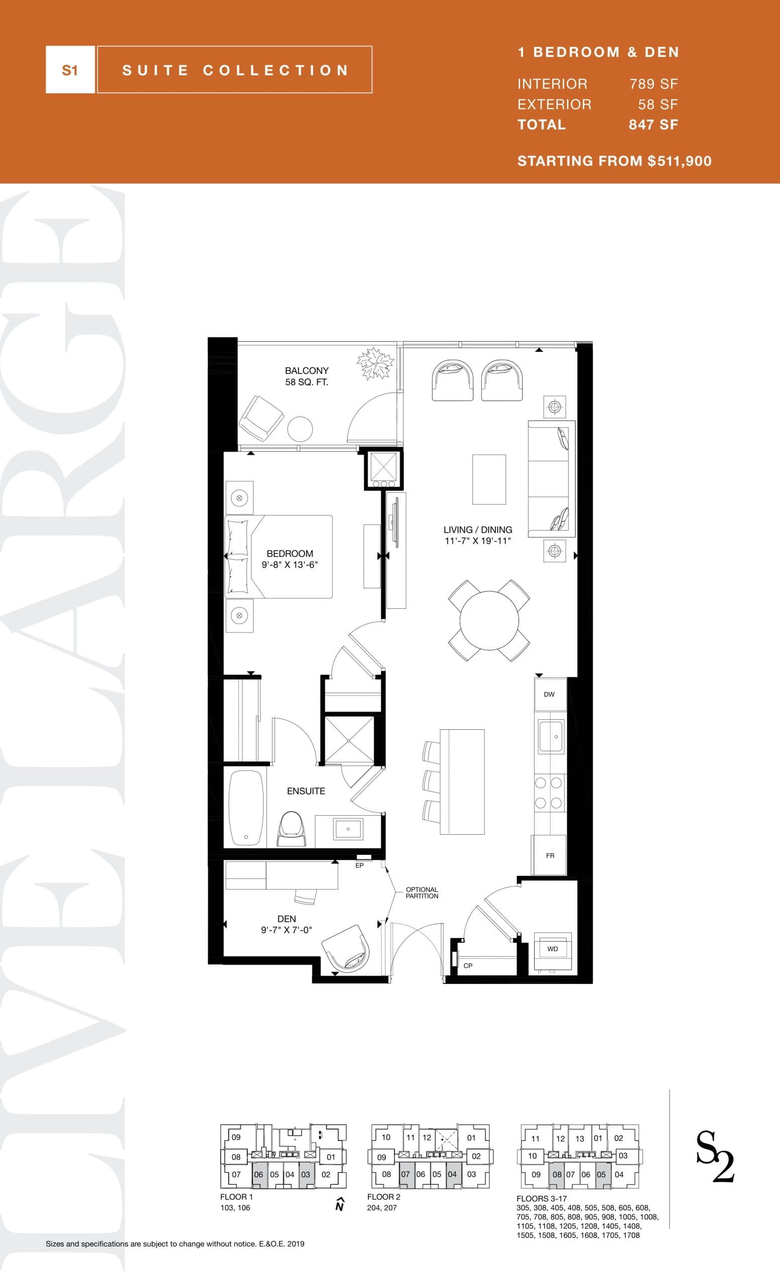 789 Floor Plan at S2 at Stonebrook Condos - 789 sq.ft