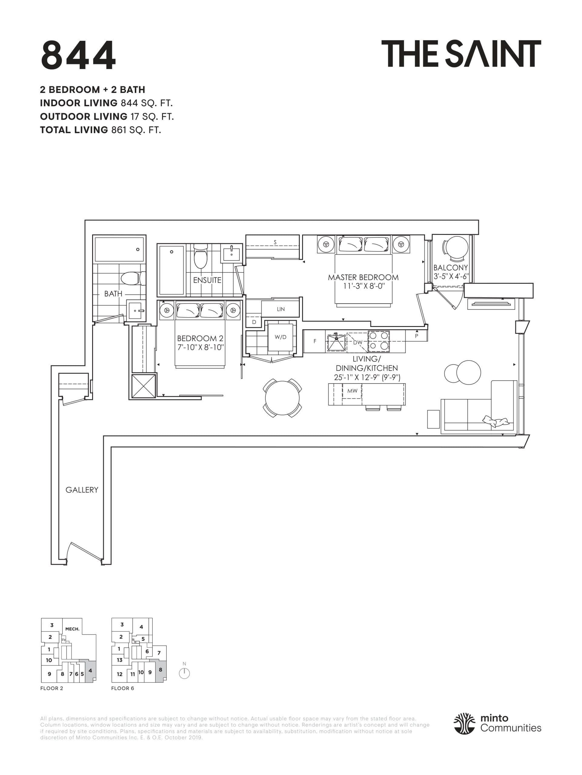 844 Floor Plan at The Saint Condos - 844 sq.ft