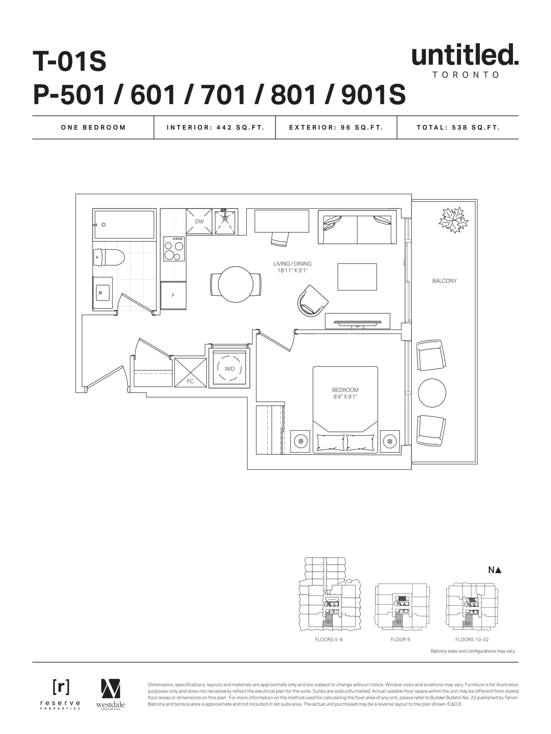 T-01S / P-501 / 601/ 701 / 801 / 901S Floor Plan at Untitled Toronto Condos - 442 sq.ft