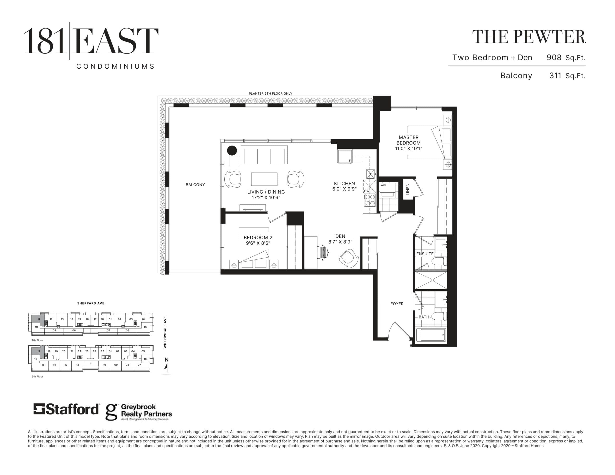 The Pewter Floor Plan at 181 East Condos - 908 sq.ft