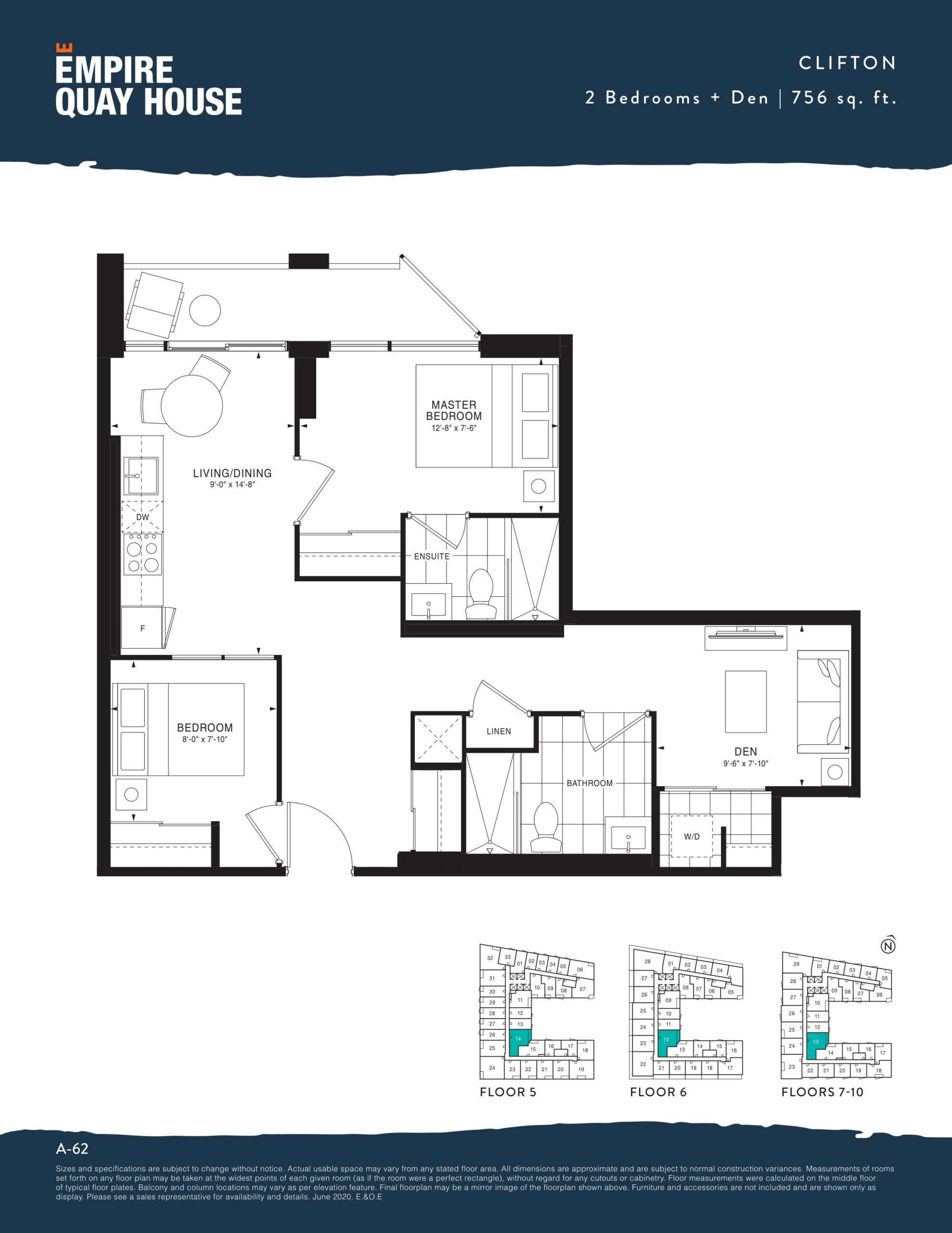 Clifton Floor Plan at Empire Quay House Condos - 756 sq.ft