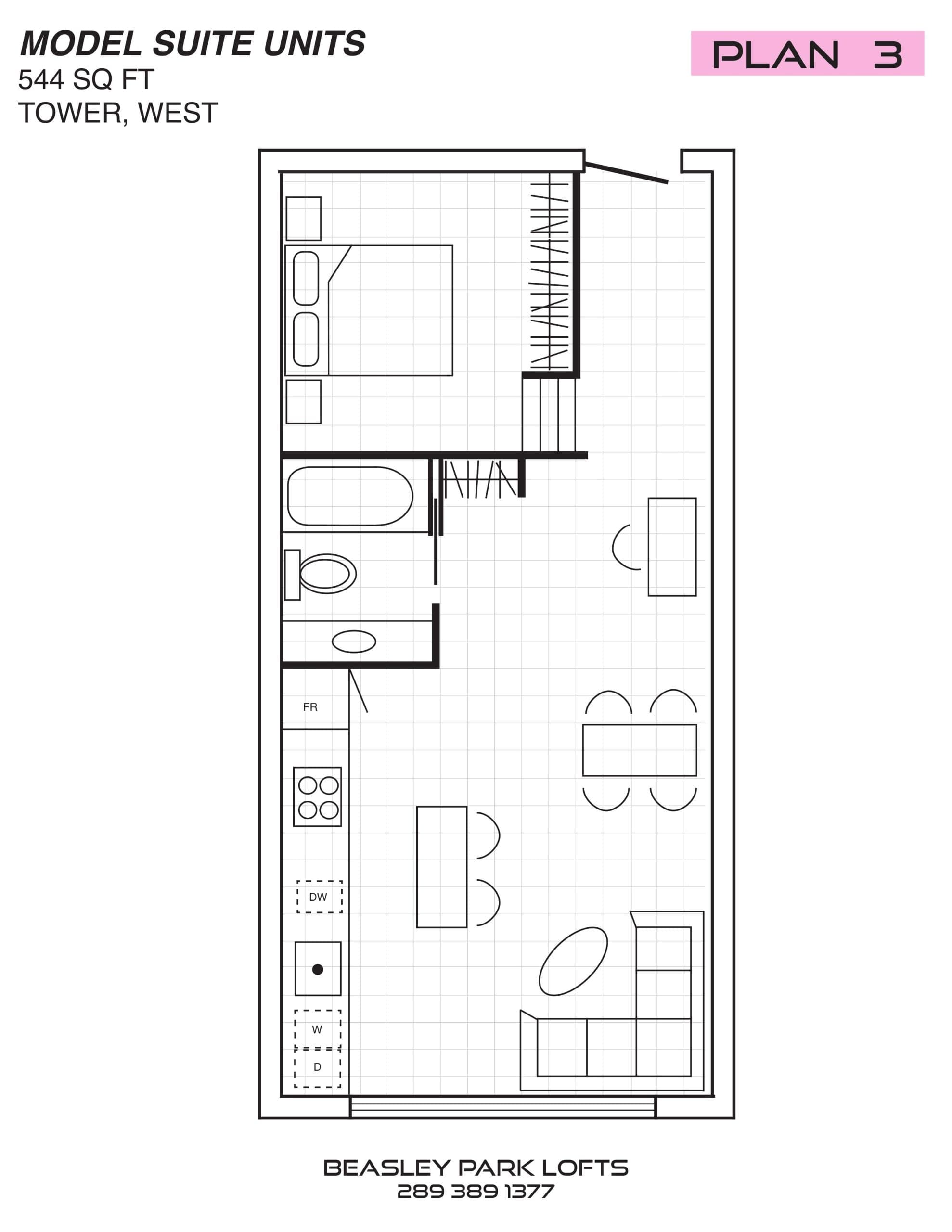 Plan 3 Floor Plan at Beasley Park Lofts - 544 sq.ft