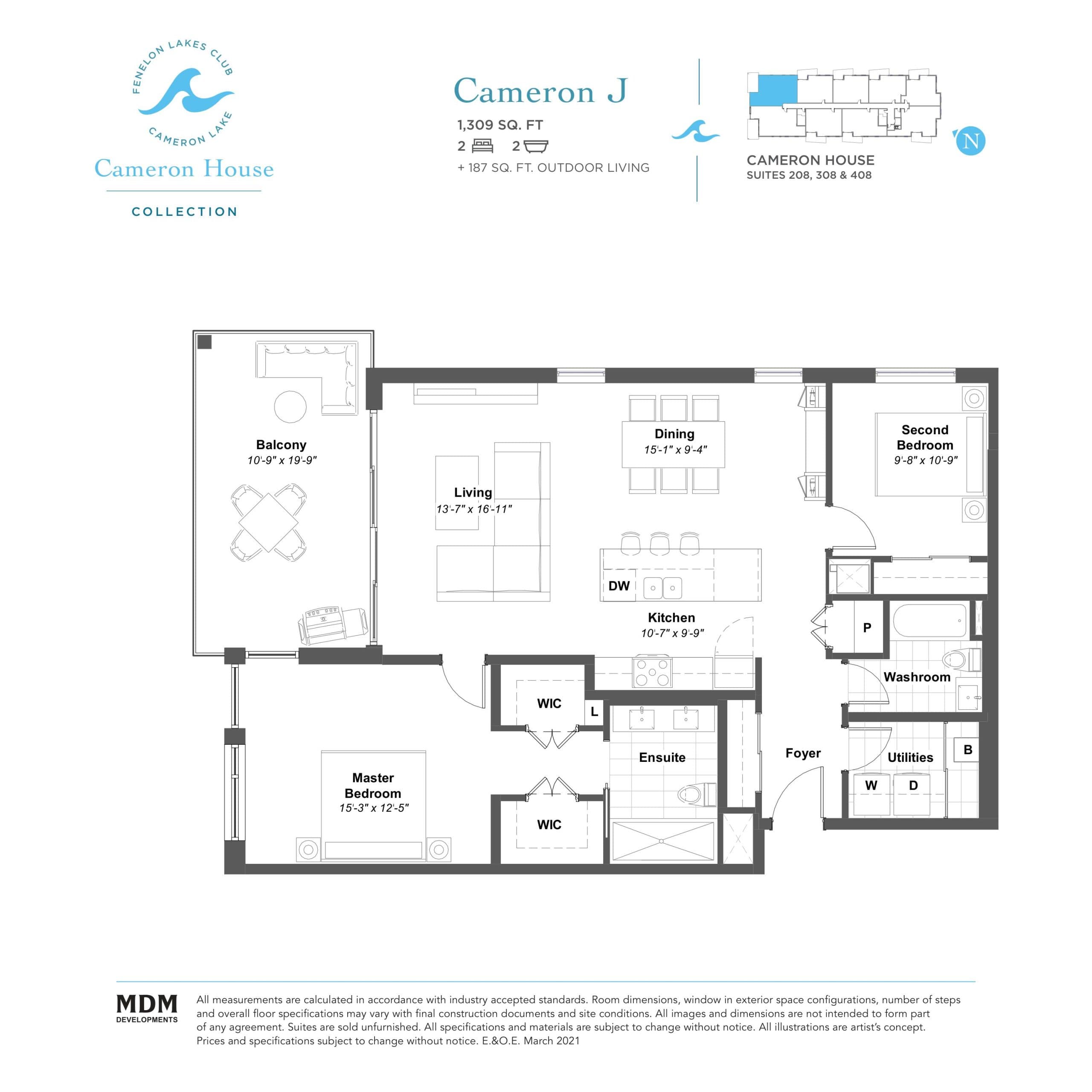 Cameron J Floor Plan at Fenelon Lakes Club Condos Phase 2 - 1309 sq.ft