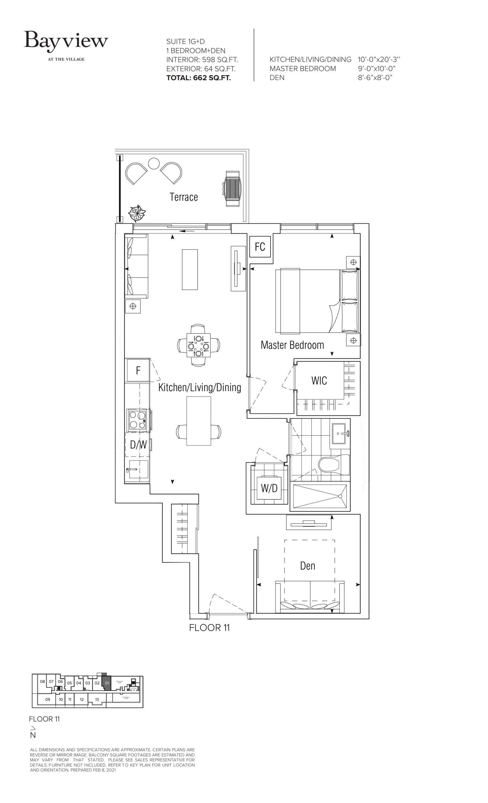 1G+D Floor Plan at 625 Sheppard Condos - 598 sq.ft