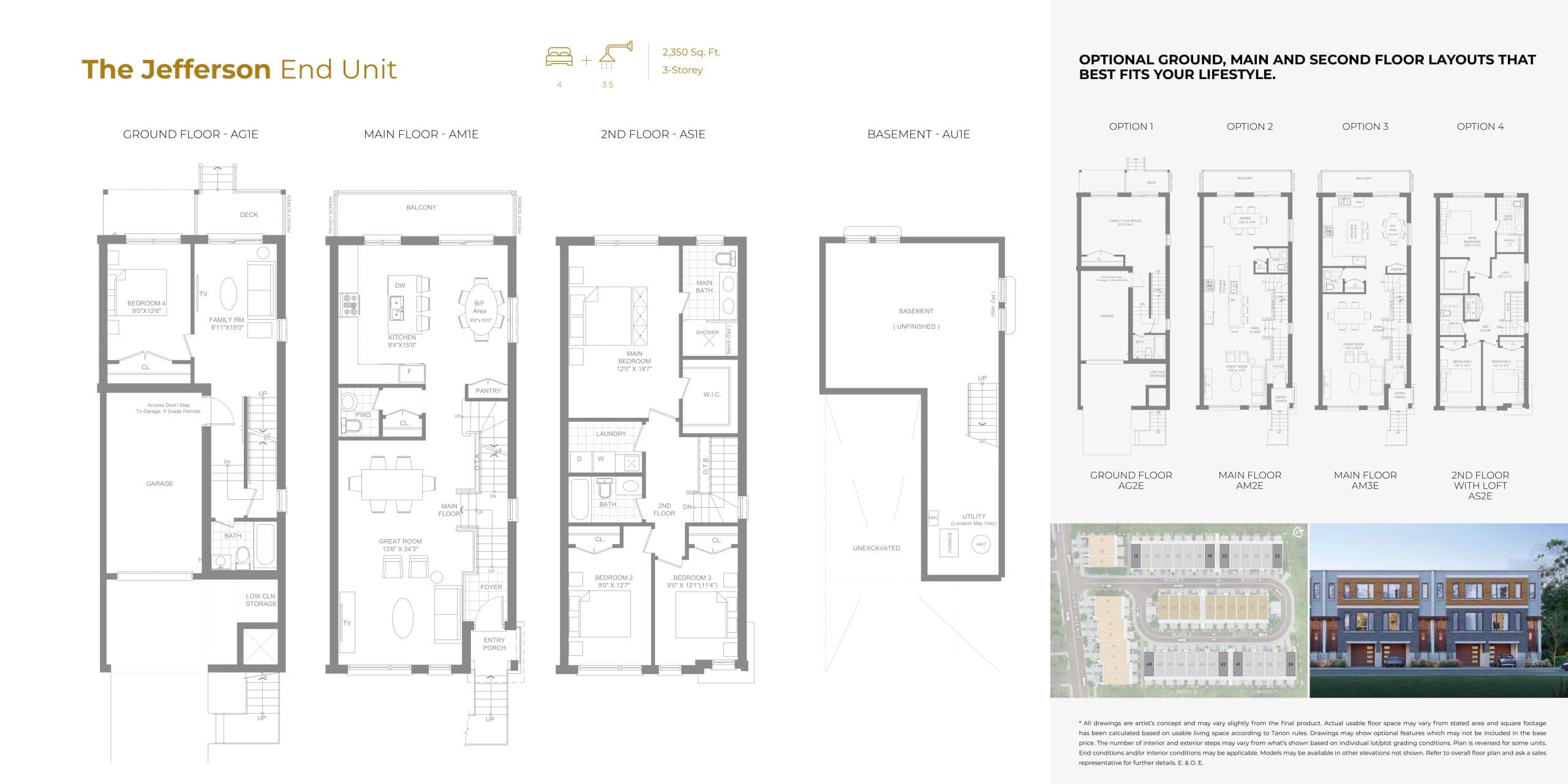 The Jefferson (End Unit) Floor Plan at Harris Gate Towns - 2350 sq.ft