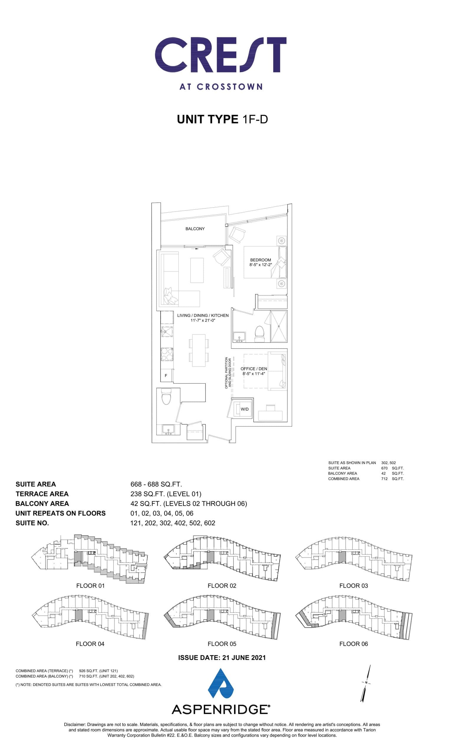 1F-D Floor Plan at Crest at Crosstown Condos - 688 sq.ft