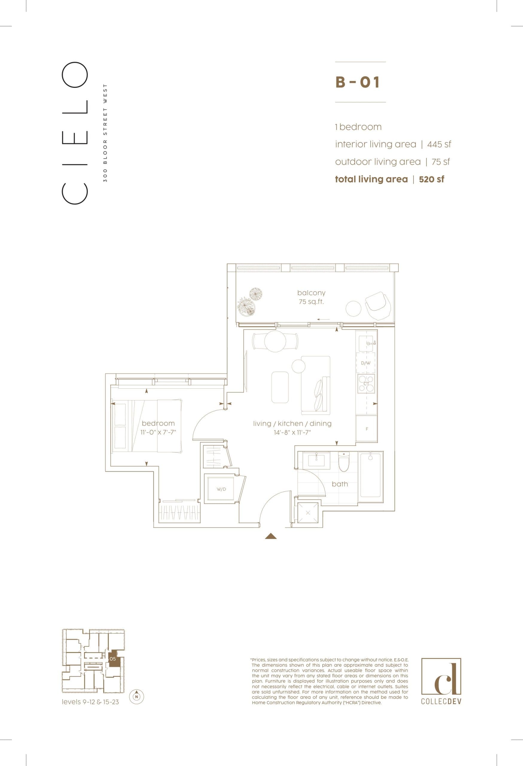 B-01 Floor Plan at Cielo Condos - 445 sq.ft