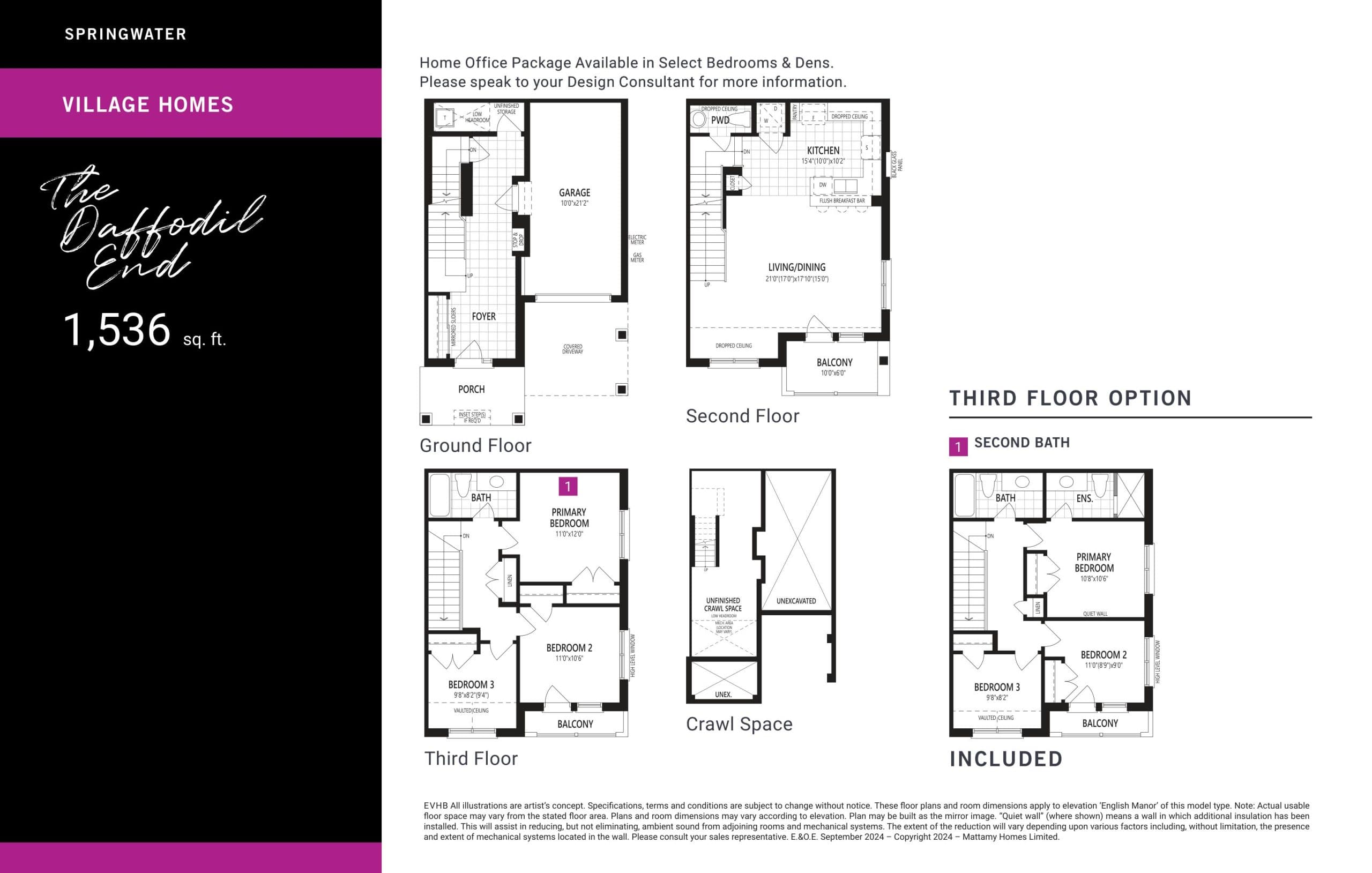 The Daffodil End Floor Plan at Springwater Towns - 1536 sq.ft
