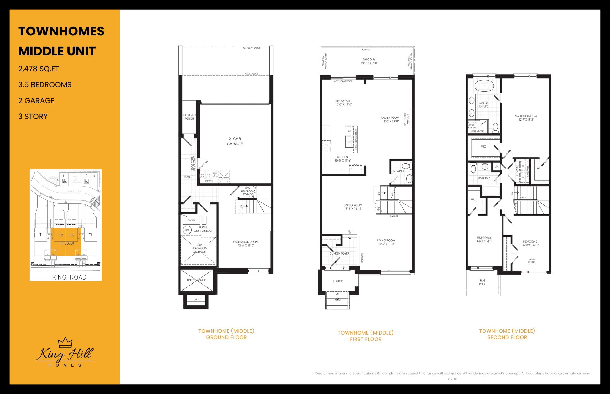 Townhomes Middle Unit Floor Plan at King Hill Homes - 2478 sq.ft