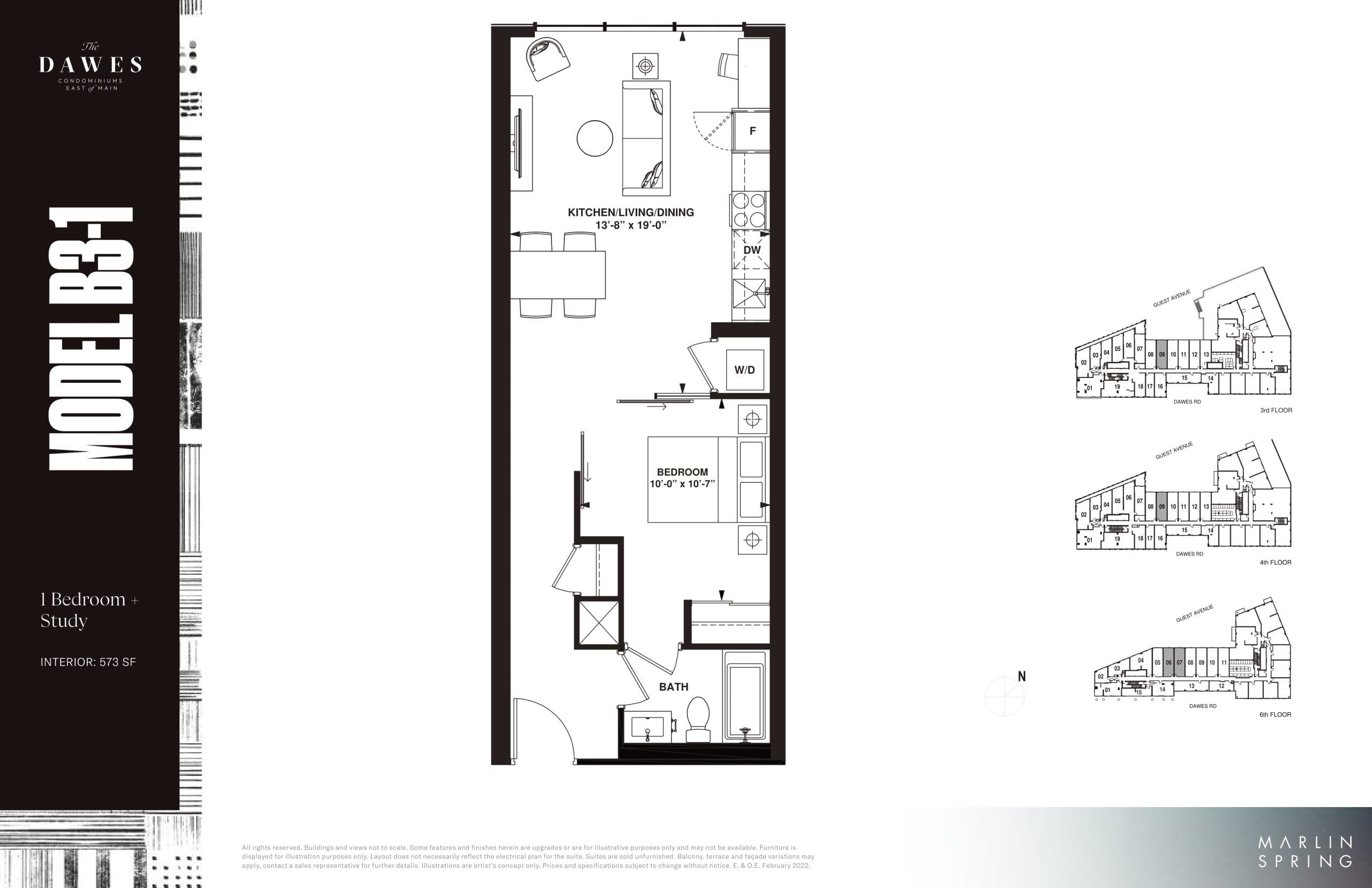 Model B3-1 Floor Plan at The Dawes Condos - 573 sq.ft