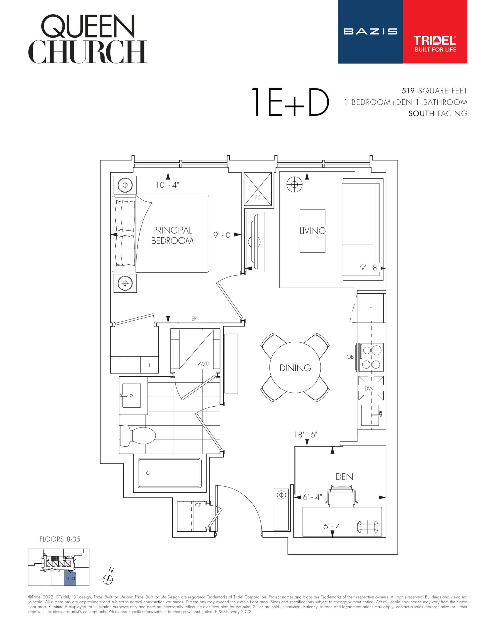 1E+D Floor Plan at Queen Church Condos - 519 sq.ft