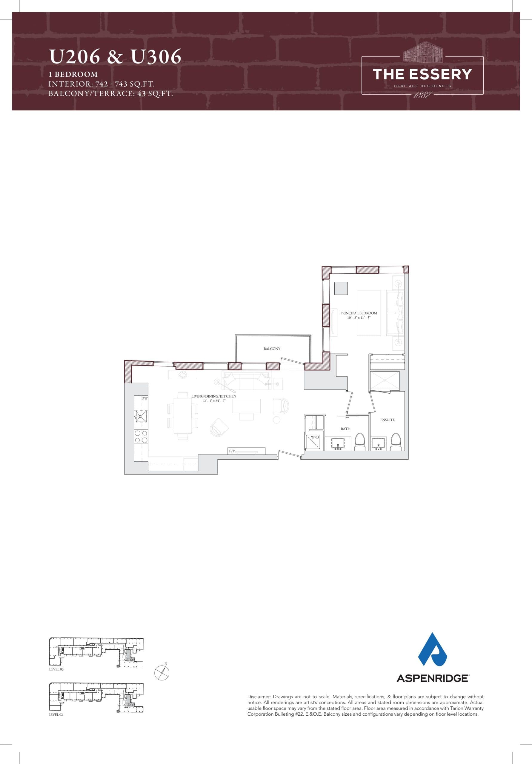 U206 & U306 Floor Plan at The Essery Condos - 743 sq.ft