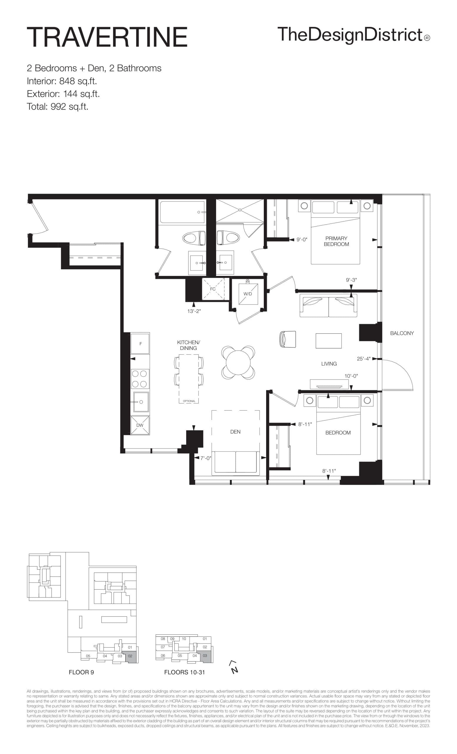 Travertine Floor Plan at The Design District Condos - 848 sq.ft