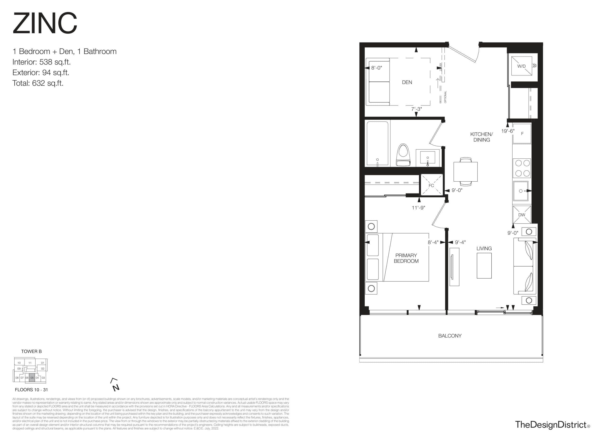 Zinc Floor Plan at The Design District Condos Tower B - 538 sq.ft