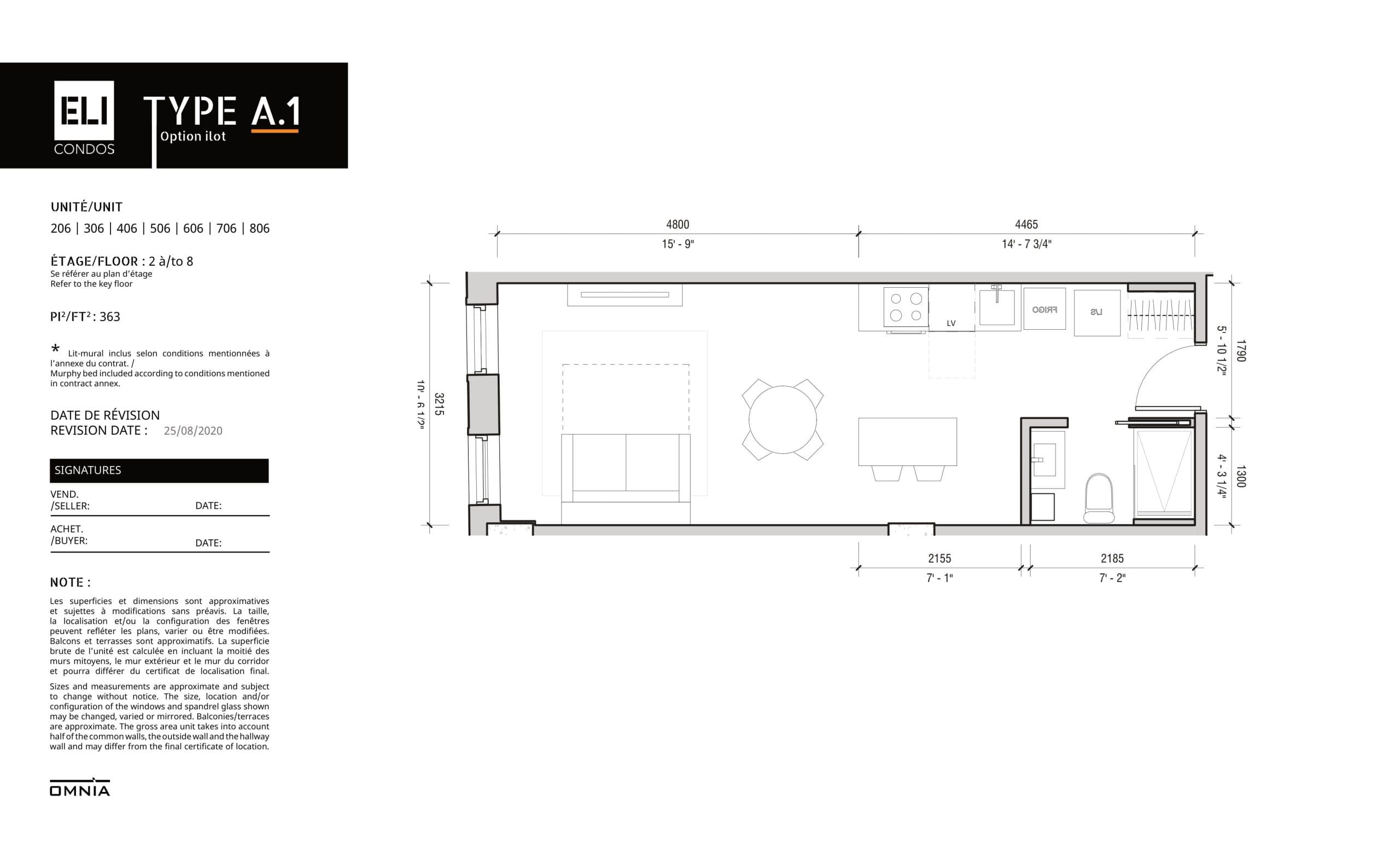 Type A.1 Floor Plan at Eli Condos - 363 sq.ft