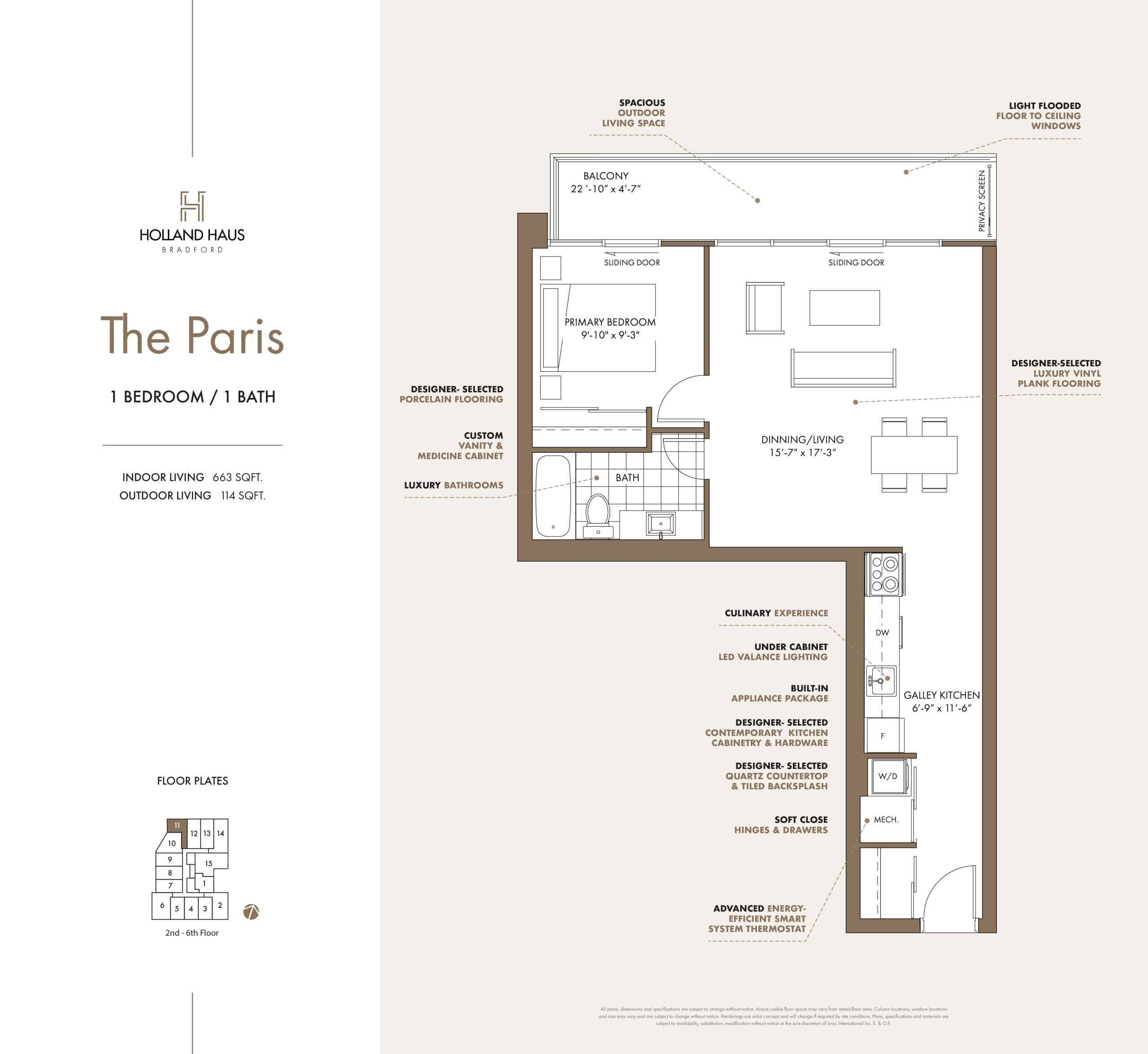 The Paris Floor Plan at Holland Haus Condos - 663 sq.ft