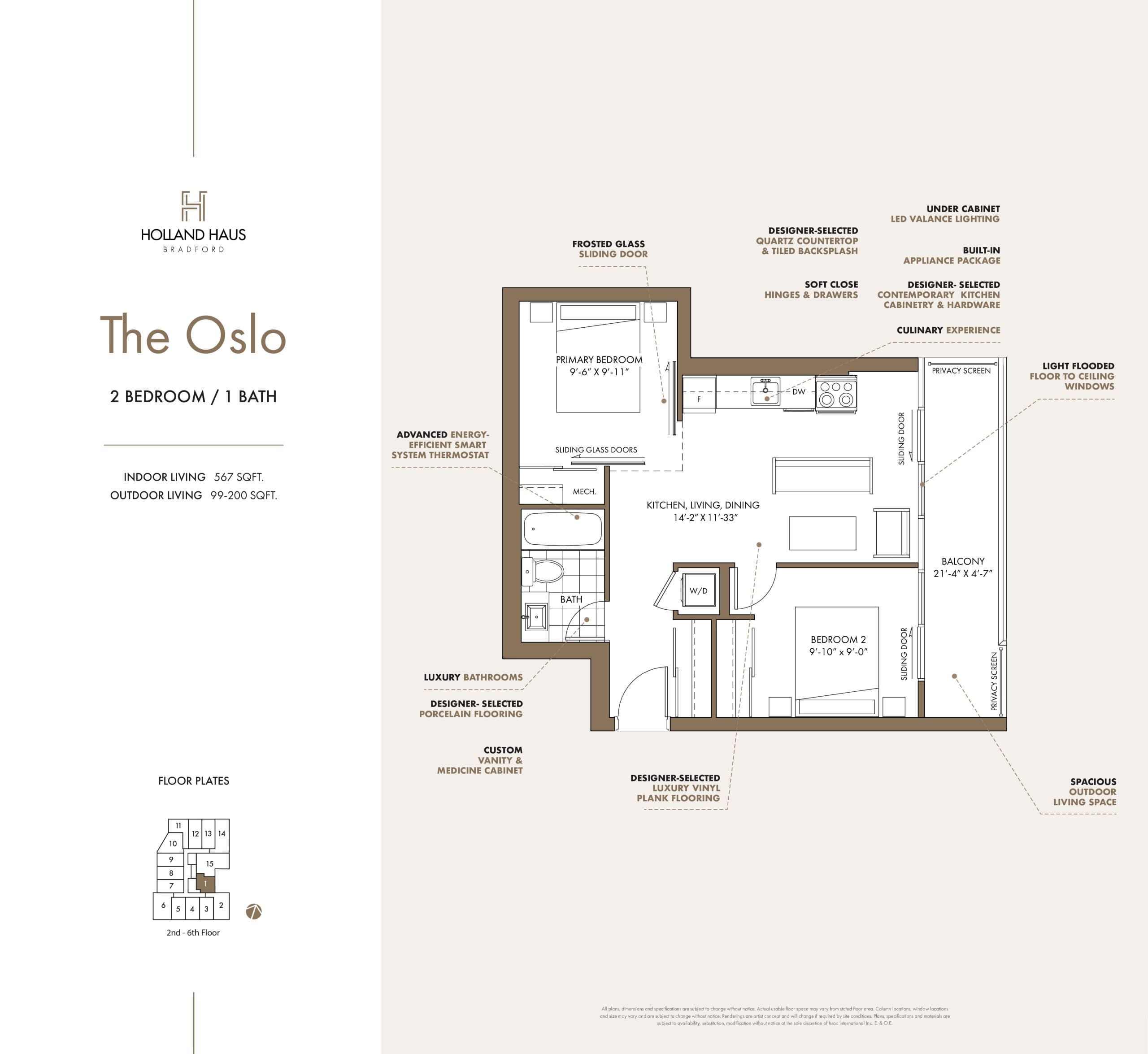 The Oslo Floor Plan at Holland Haus Condos - 567 sq.ft