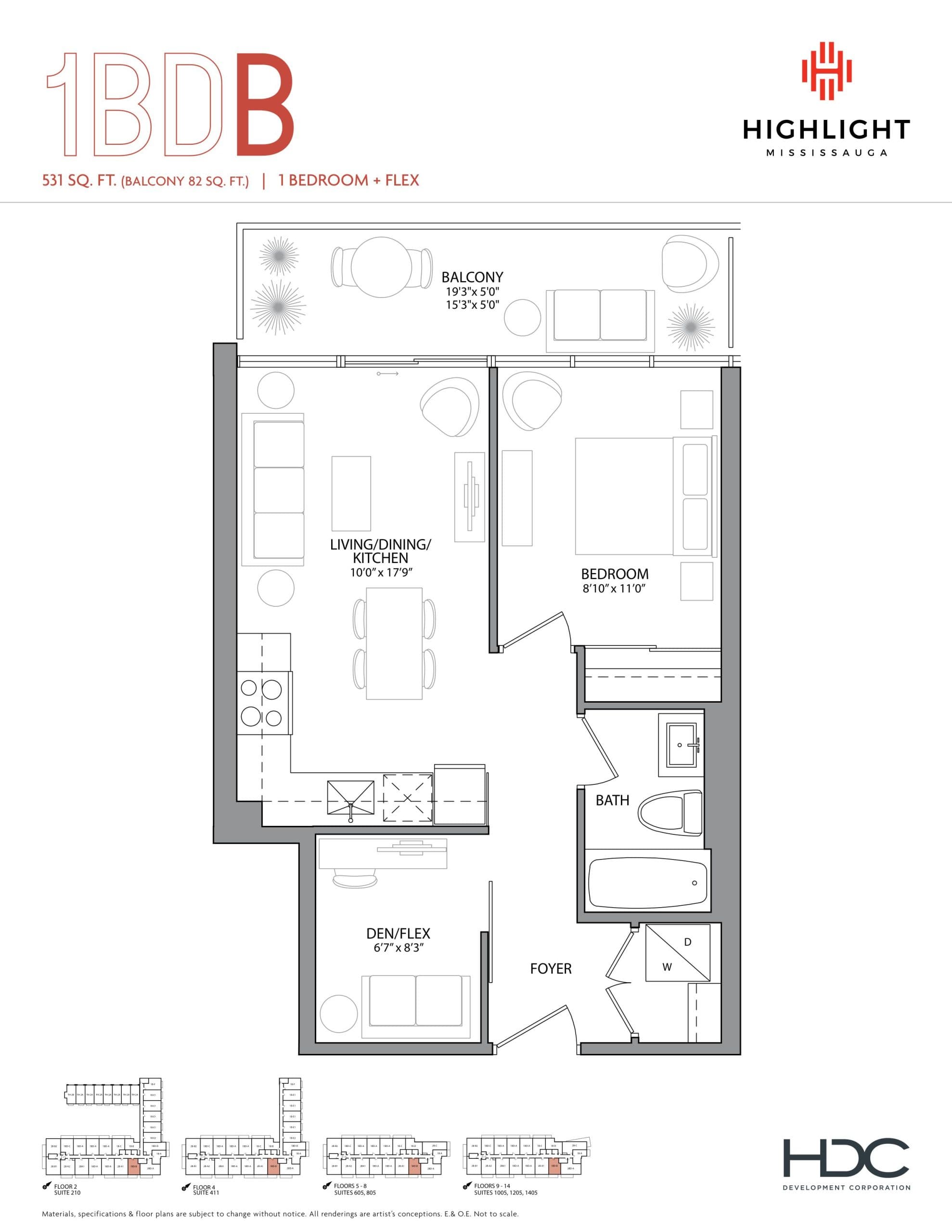 1BDB Floor Plan at Highlight Condos and Towns - 531 sq.ft