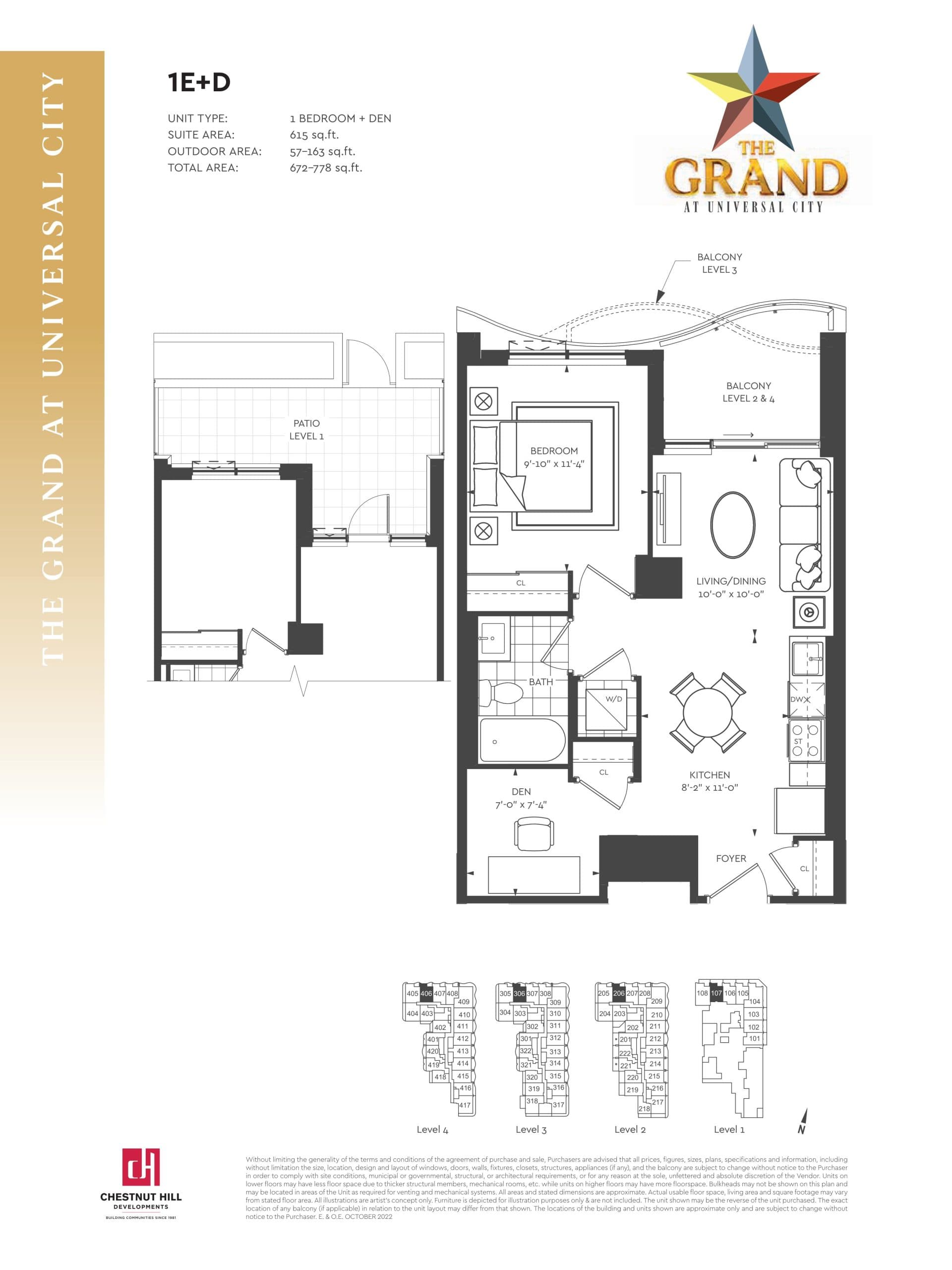 1E+D Floor Plan at The Grand at Universal City Condos - 615 sq.ft