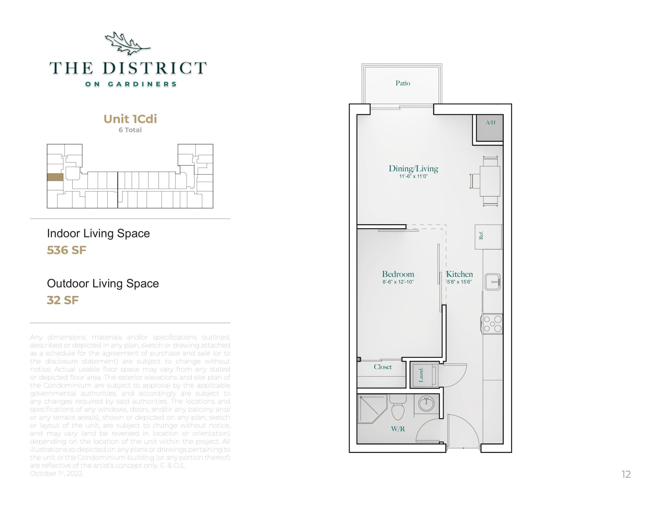 Unit 1Cdi Floor Plan at The District on Gardiners Condos - 536 sq.ft