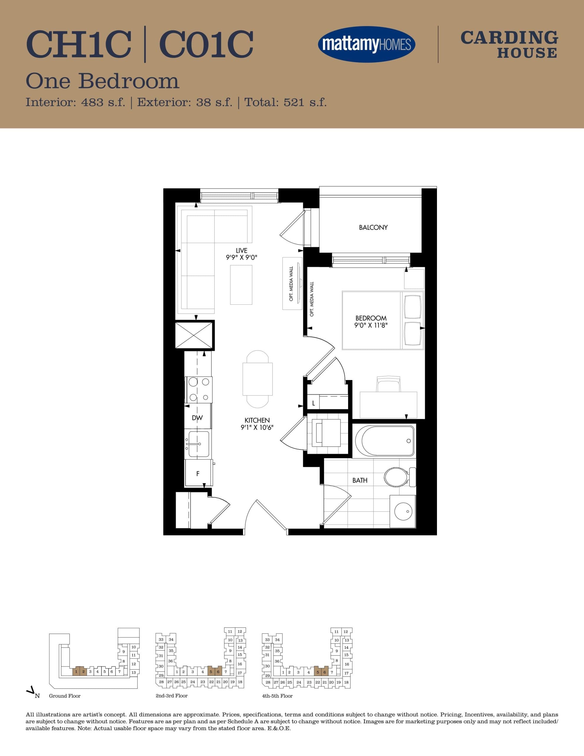 CH1C | C01C Floor Plan at Carding House Condos - 483 sq.ft