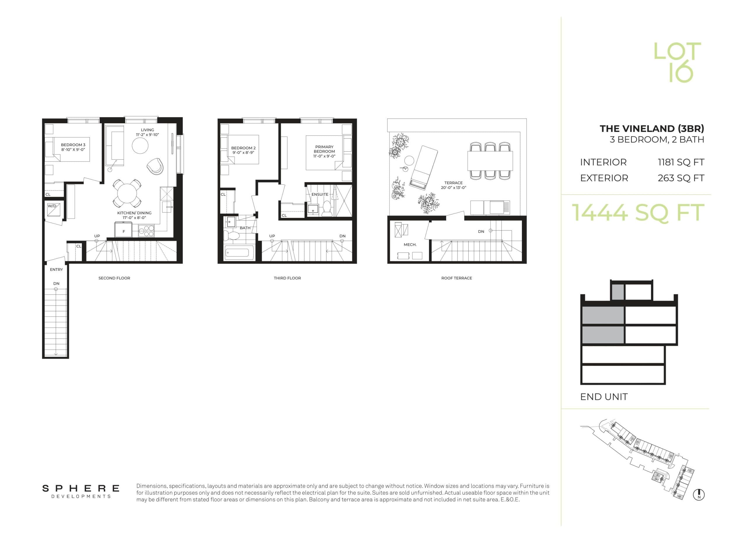 The Vineland (3BR) Floor Plan at Lot 16 Towns - 1181 sq.ft