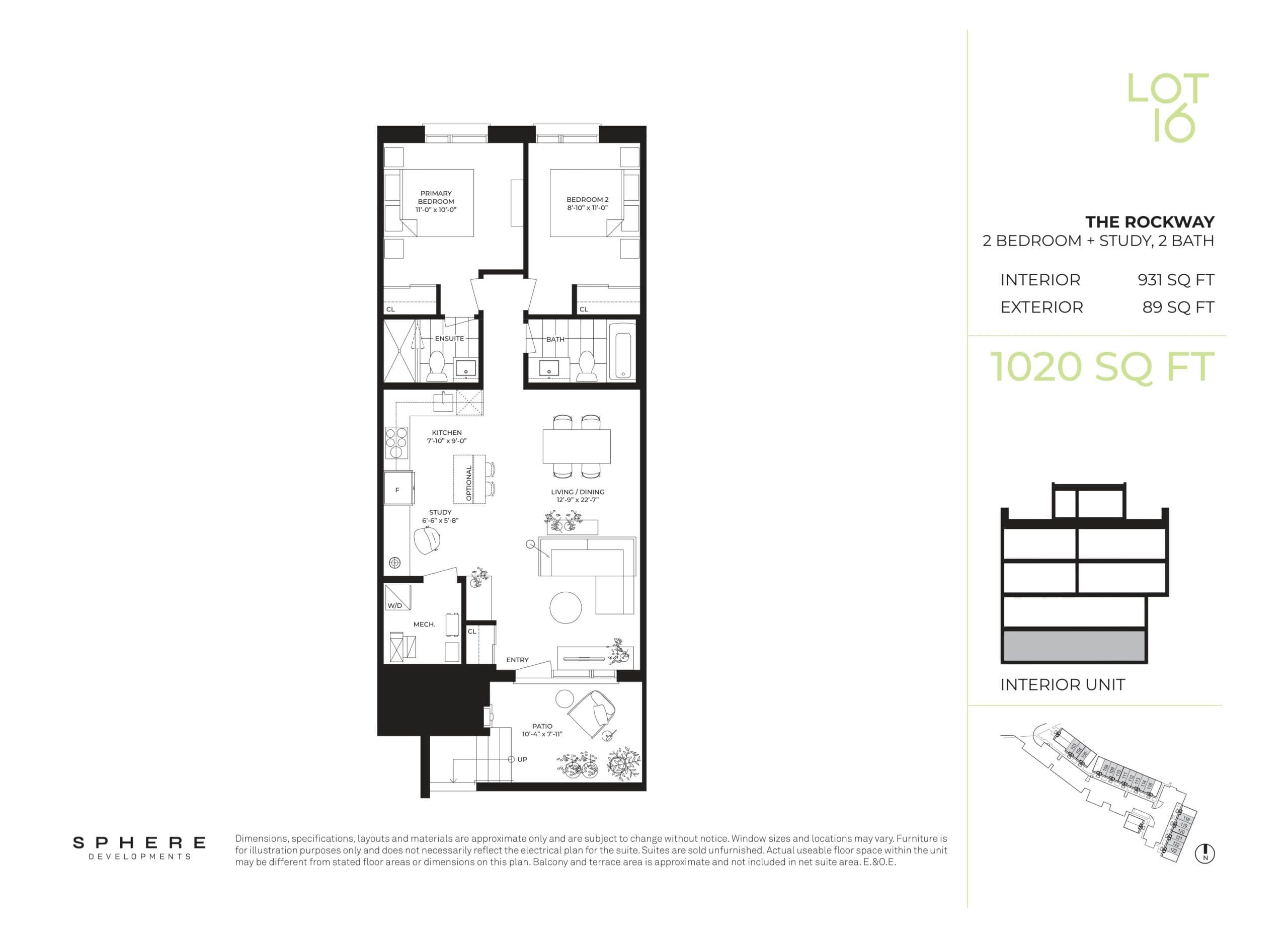 The Rockway Floor Plan at Lot 16 Towns - 931 sq.ft