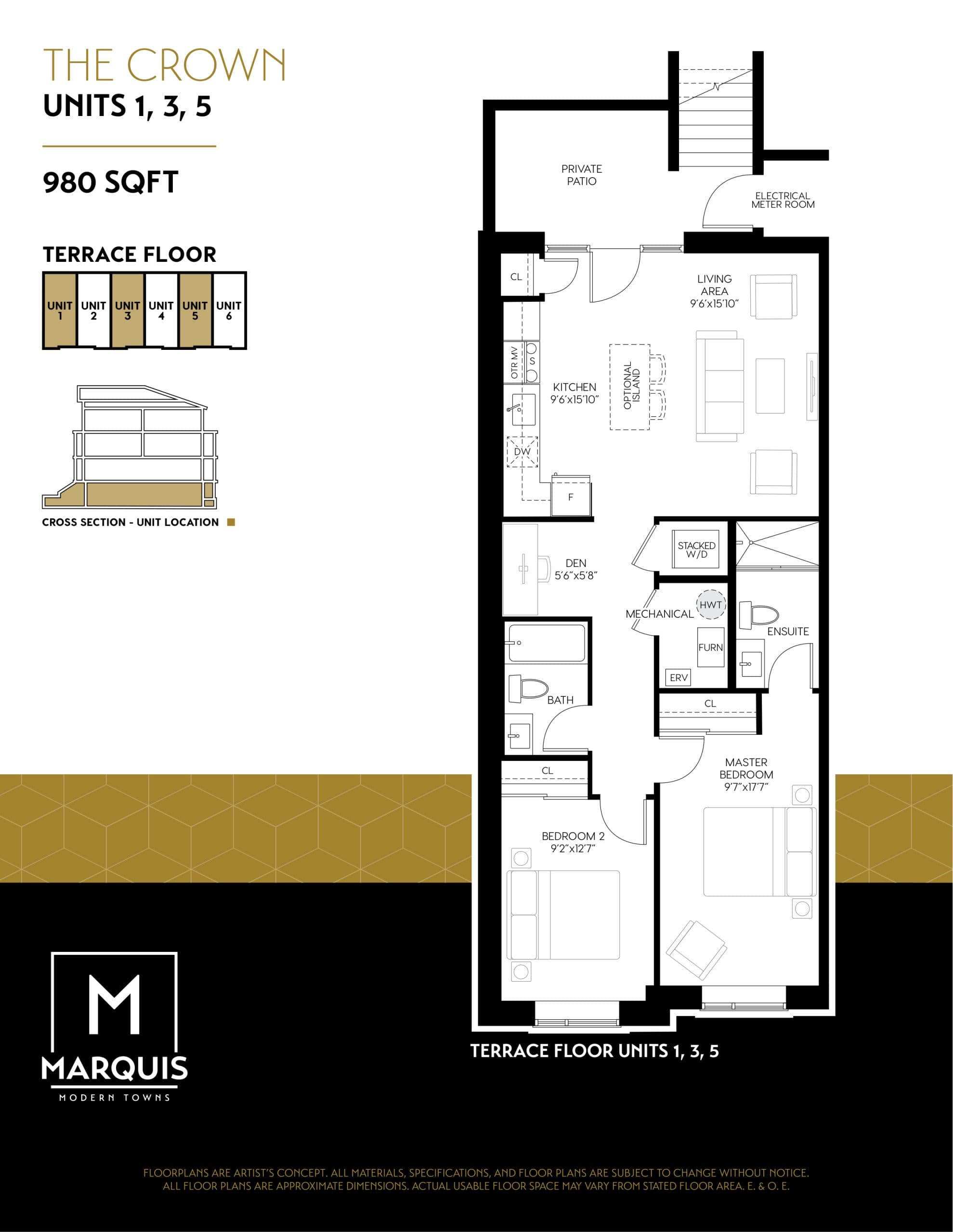 The Crown Floor Plan at Marquis Modern Towns - 980 sq.ft