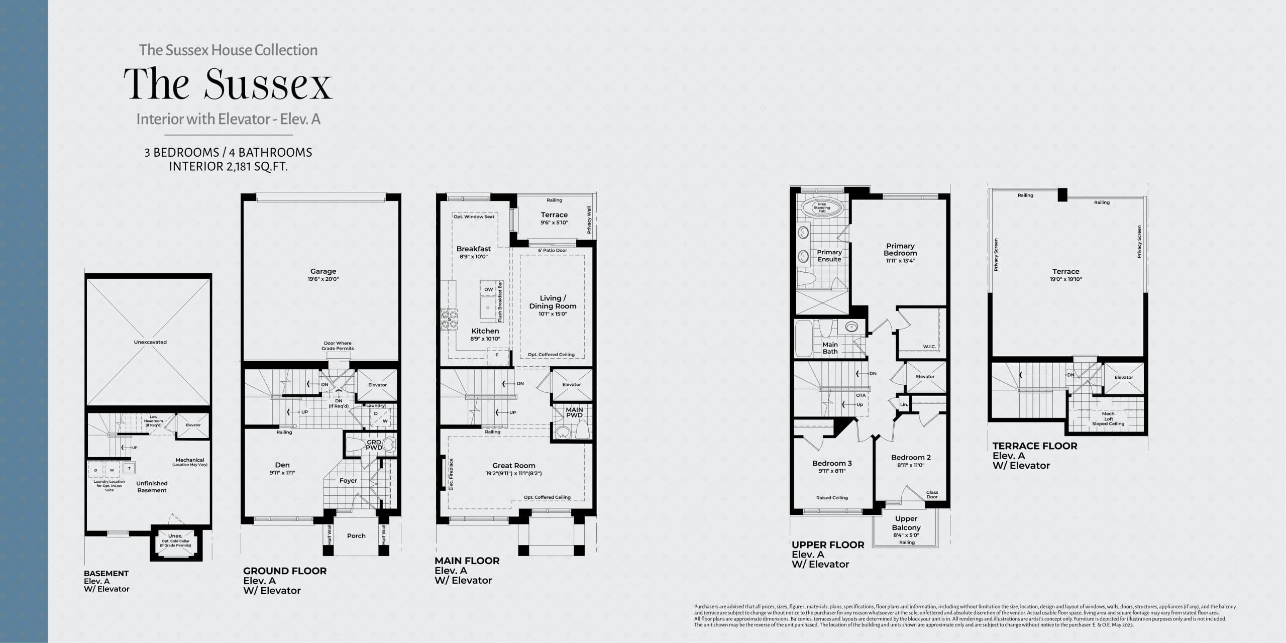 The Sussex - Elev. A with Elevator Floor Plan at Highgrove Towns - 2181 sq.ft