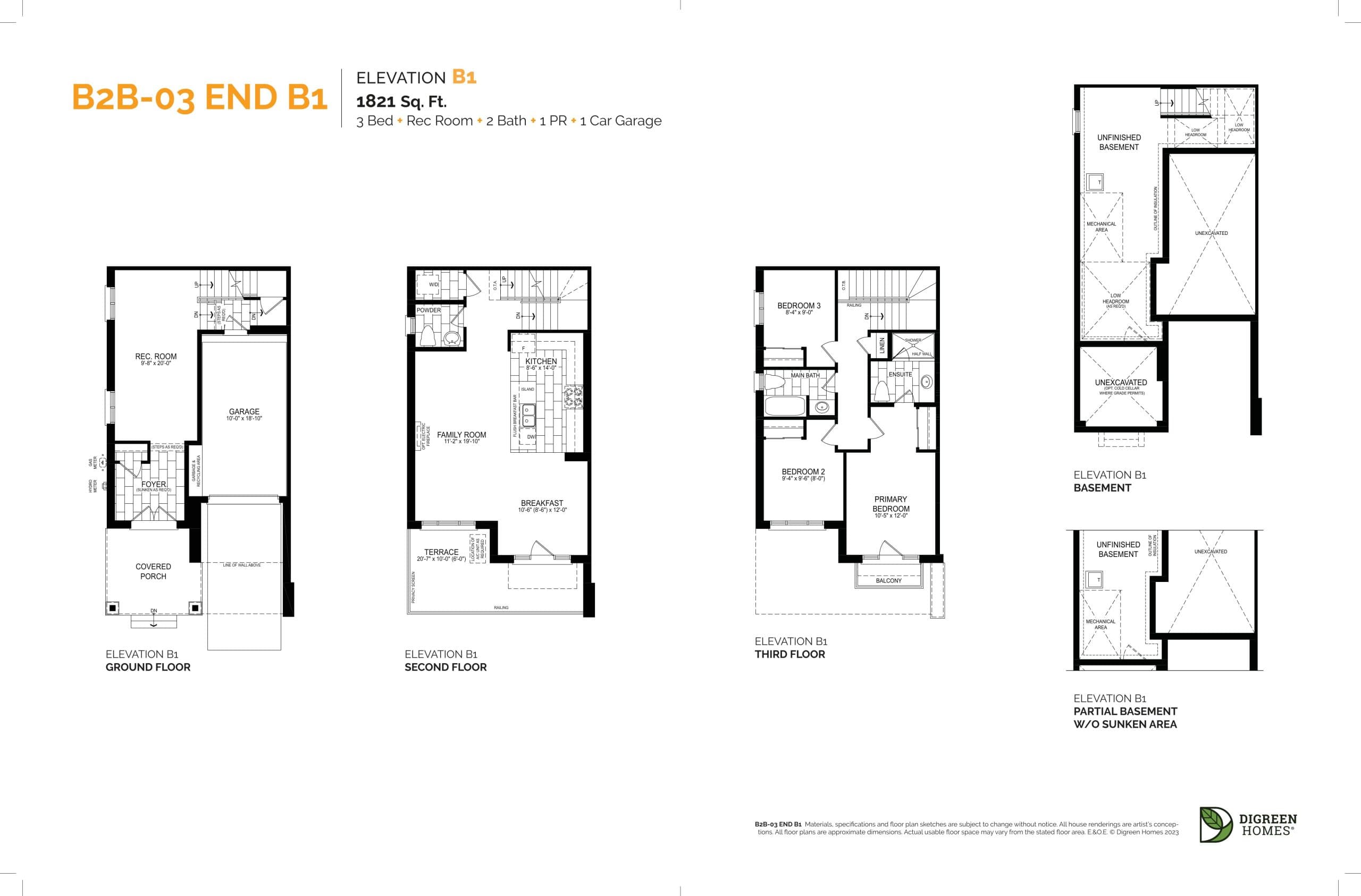 B2B-03 End B1 Floor Plan at NAVA Oakville Towns Phase 2 - 1821 sq.ft