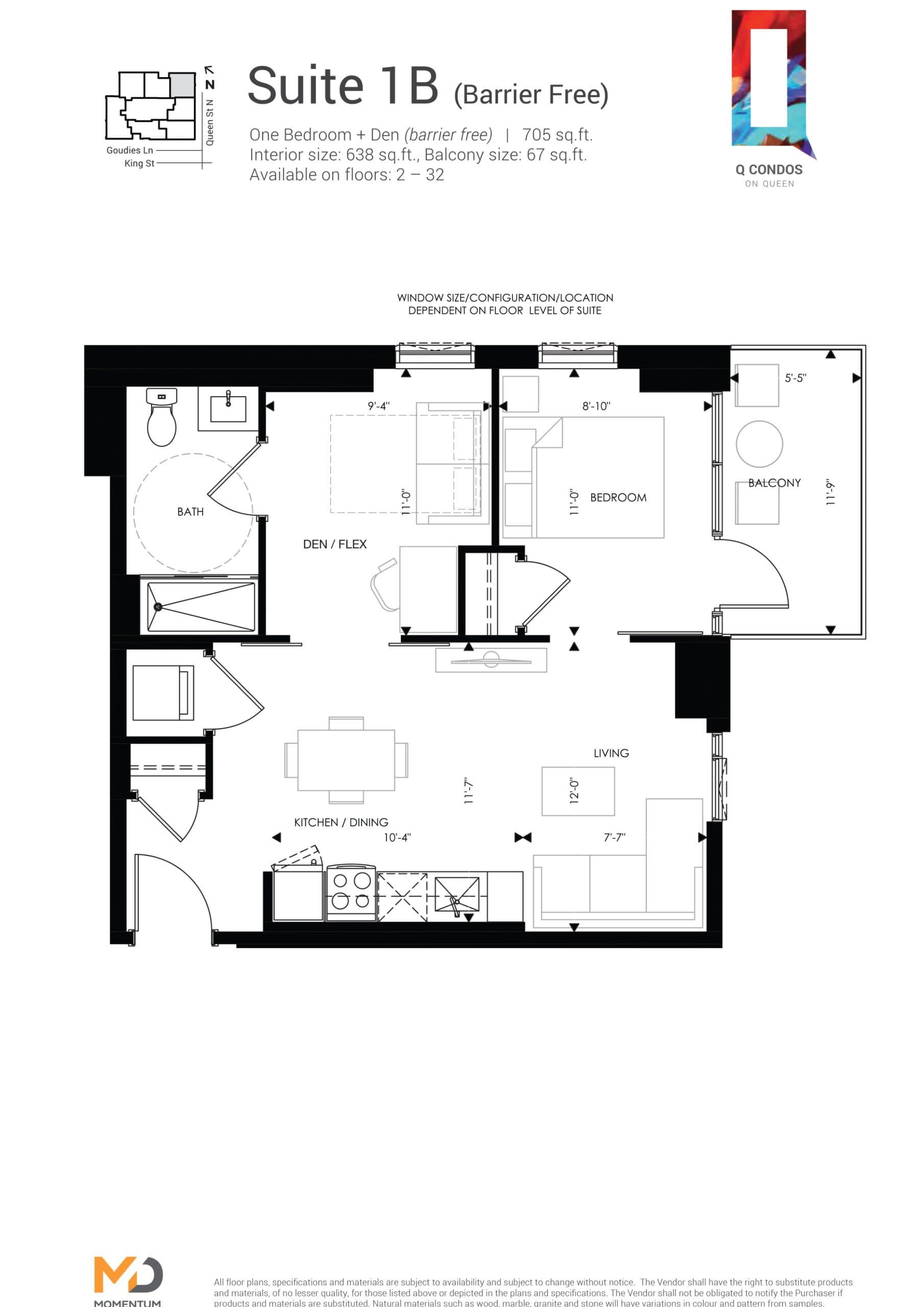 Suite 1B Floor Plan at Q Condos - 638 sq.ft