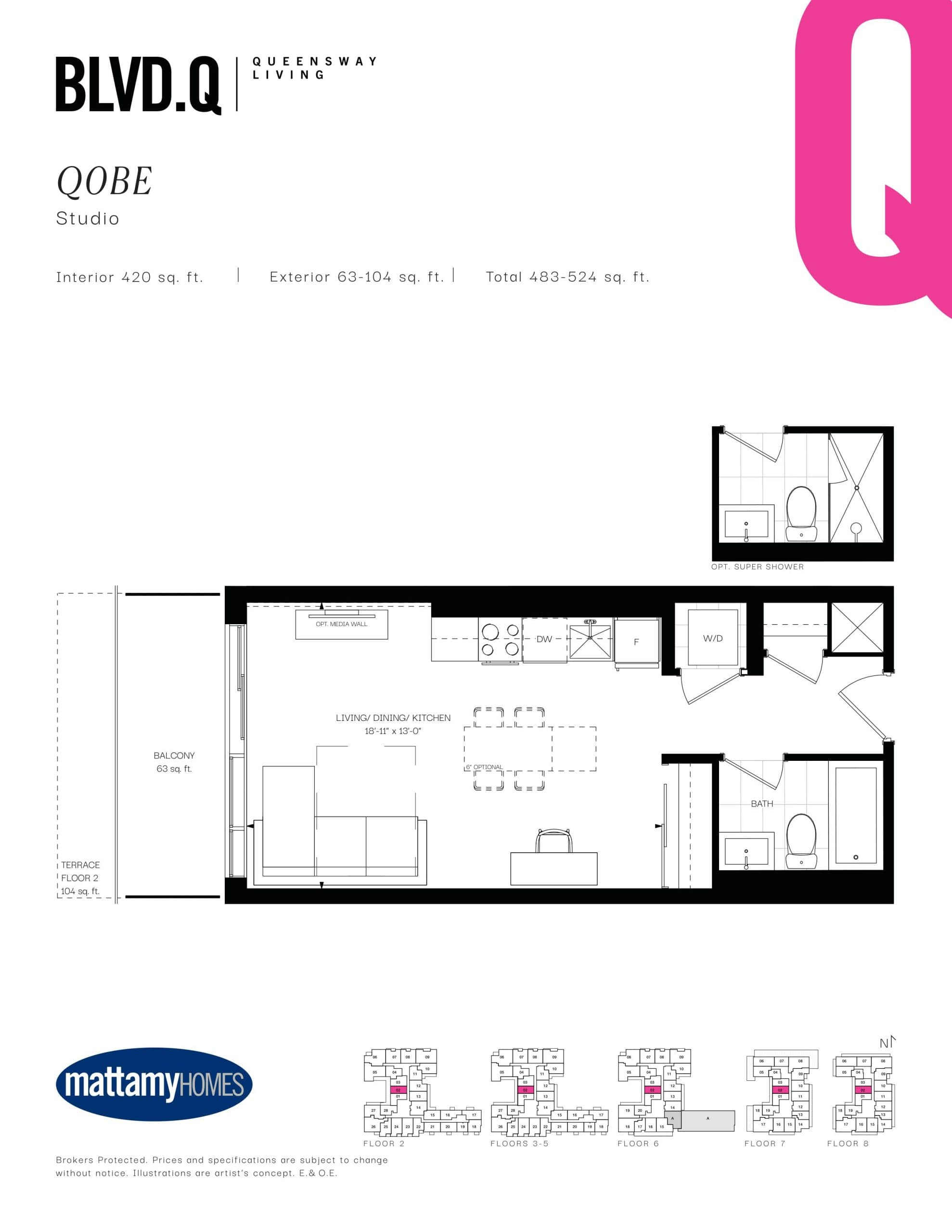 Q0BE Floor Plan at BLVD. Q - 420 sq.ft