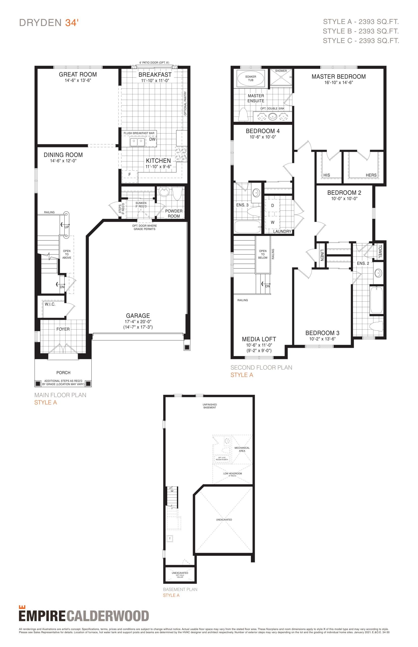 Dryden 34' Floor Plan at Empire Calderwood Phase 3 Towns - 2393 sq.ft