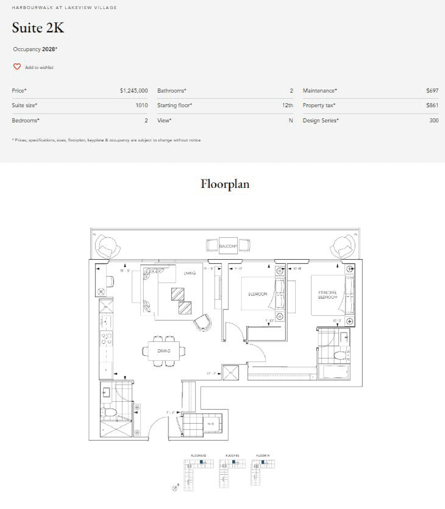 Suite 2K Floor Plan at Harbourwalk at Lakeview Village Condos - 1010 sq.ft
