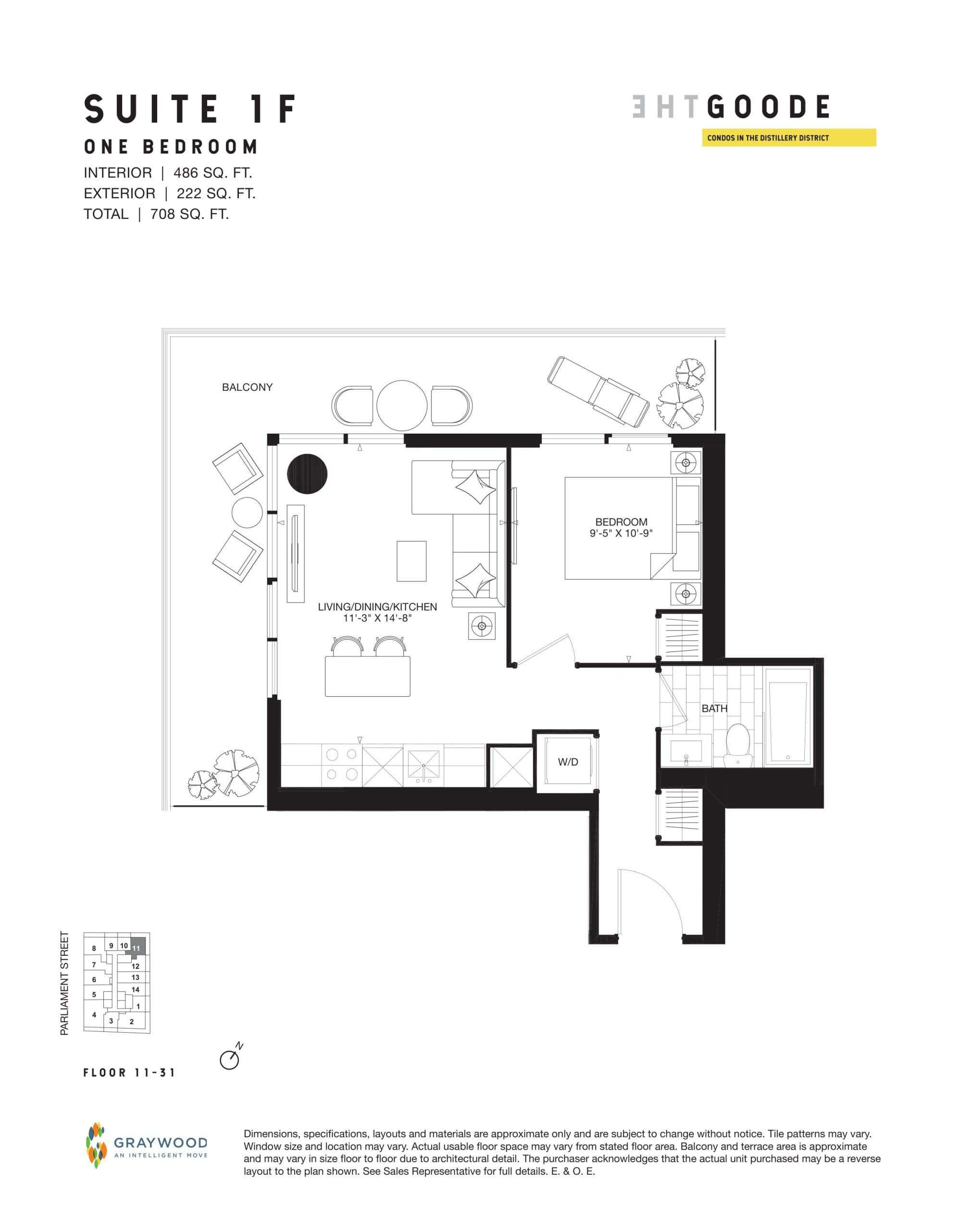 Suite 1F Floor Plan at The Goode Condos - 486 sq.ft