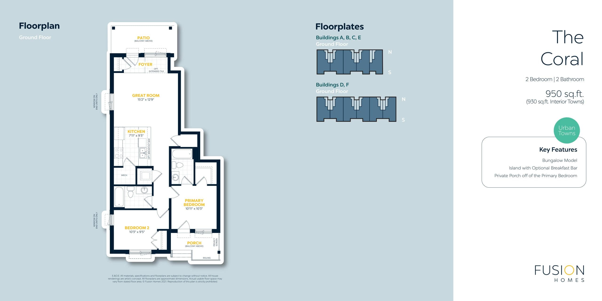 The Coral (Bldg. A, Unit 1) Floor Plan at Wallaceton by Fusion Homes Phase 2 - 950 sq.ft