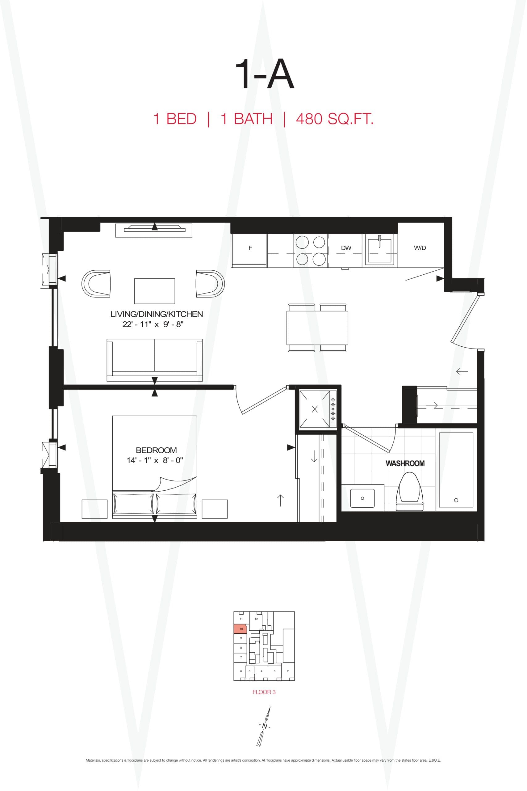 1-A Floor Plan at Yonge at Wellesley Station Condos - 480 sq.ft