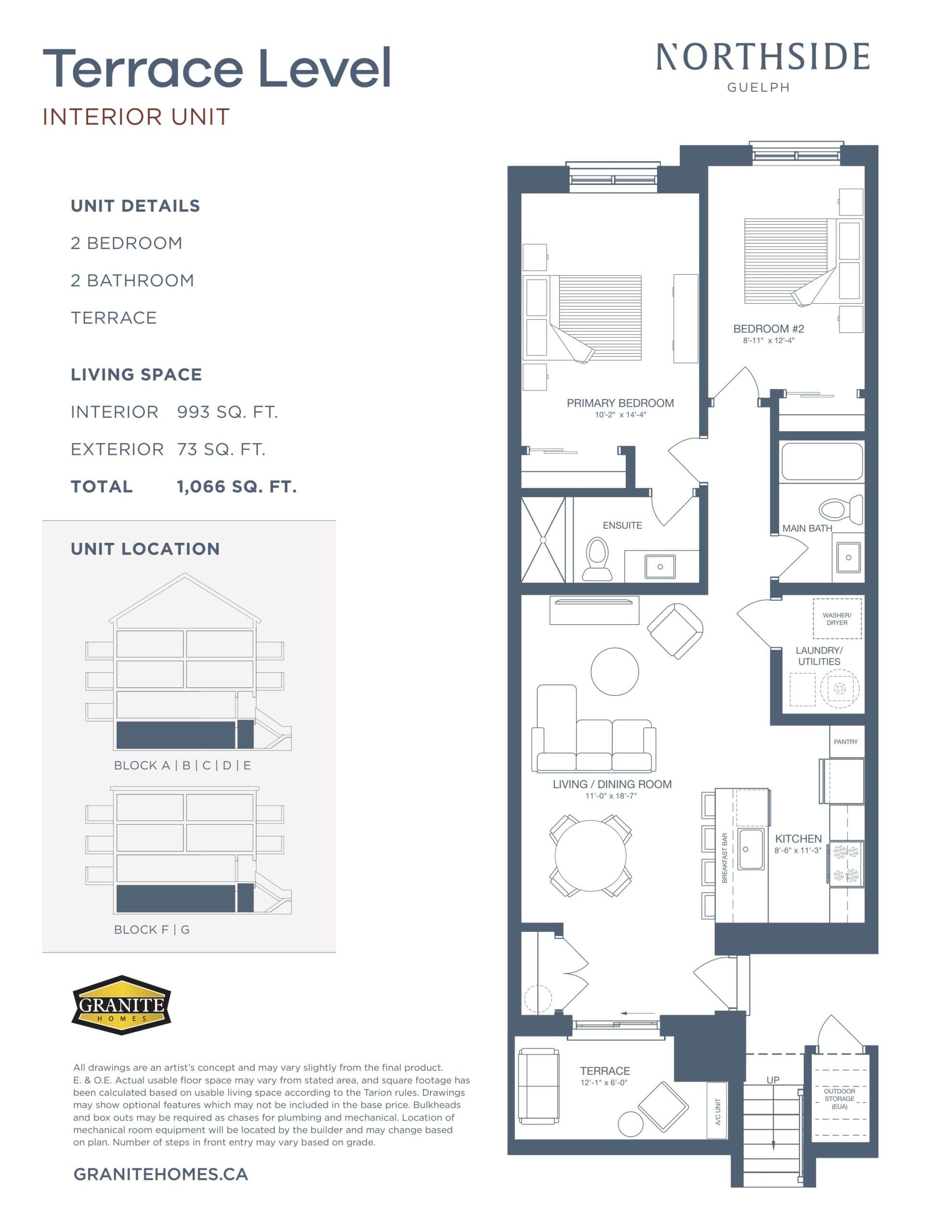 Terrace Level - Interior Unit Floor Plan at Northside Townhouse - 993 sq.ft