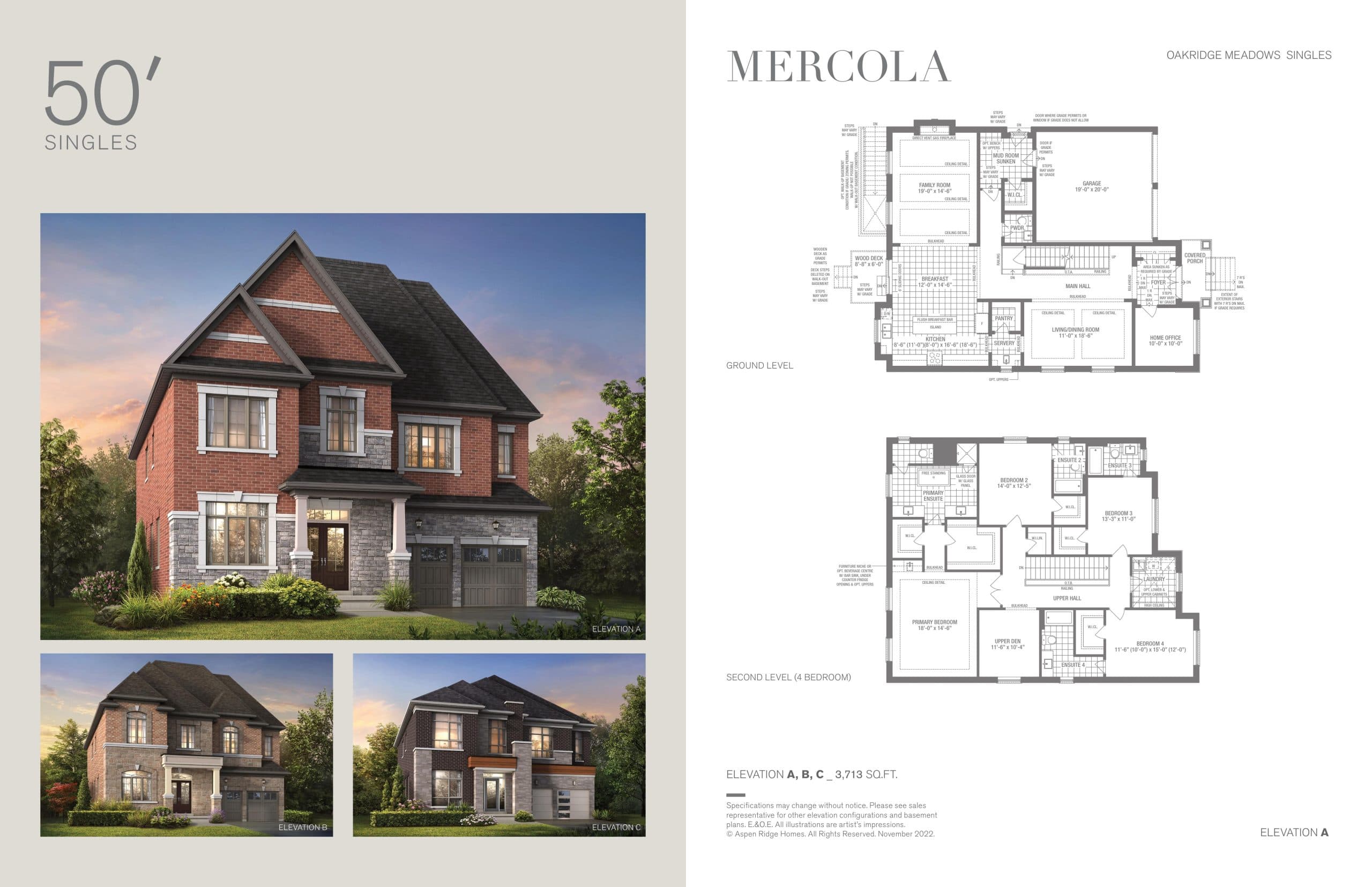 Mercola Floor Plan at Oakridge Meadows by Aspen Ridge Homes - 3713 sq.ft